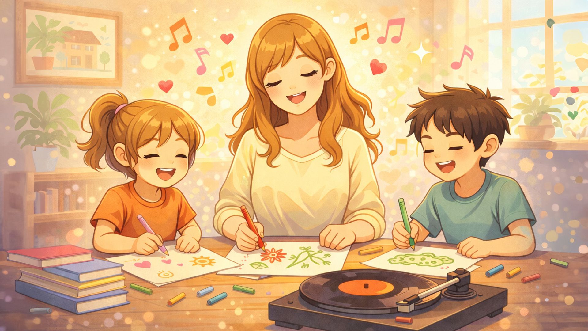 Счастливая мама и двое детей рисуют, слушая музыку