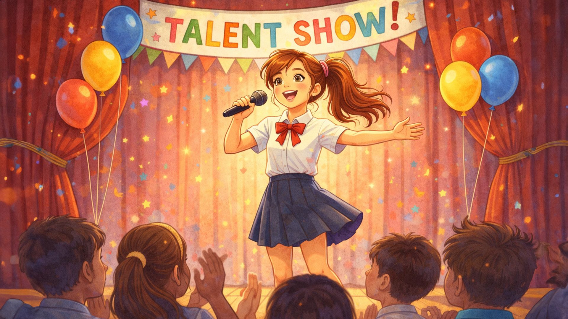 Девочка поёт на школьной сцене на фоне красного занавеса и растяжки Talent show