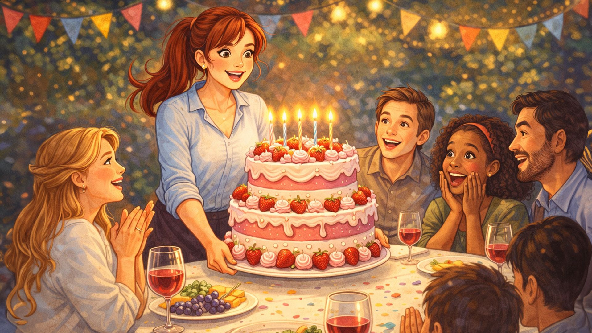 Женщина подаёт на стол большой красивый торт, за столом гости восхищенно на него смотрят