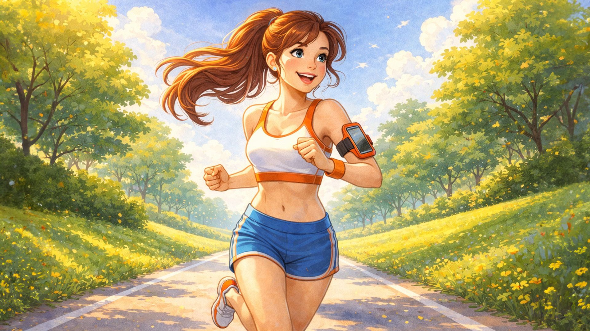 Девушка в шортах и майке на пробежке в солнечном парке