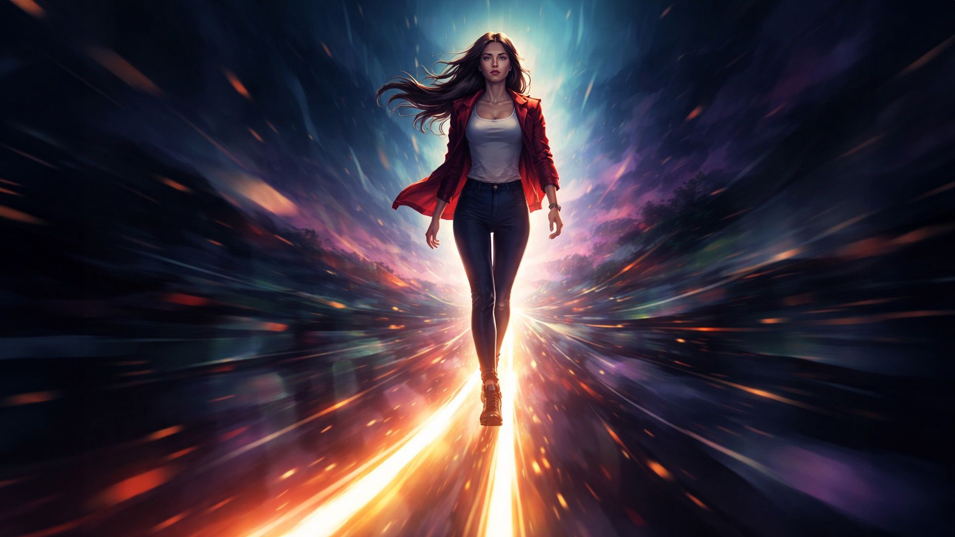 Девушка целеустремлённо идёт по светящемуся пути во мраке