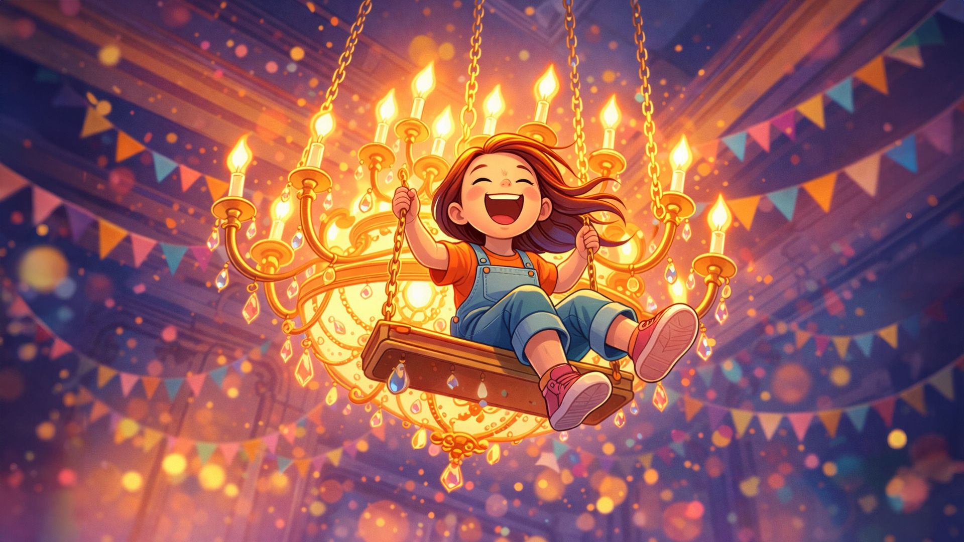 Маленькая девочка смеется и качается на люстре под потолком