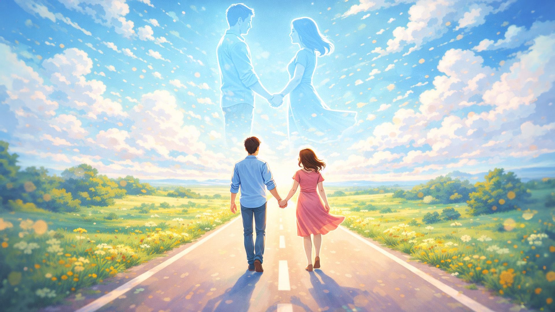 Мужчина и женщина идут по дороге в даль, держась за руки