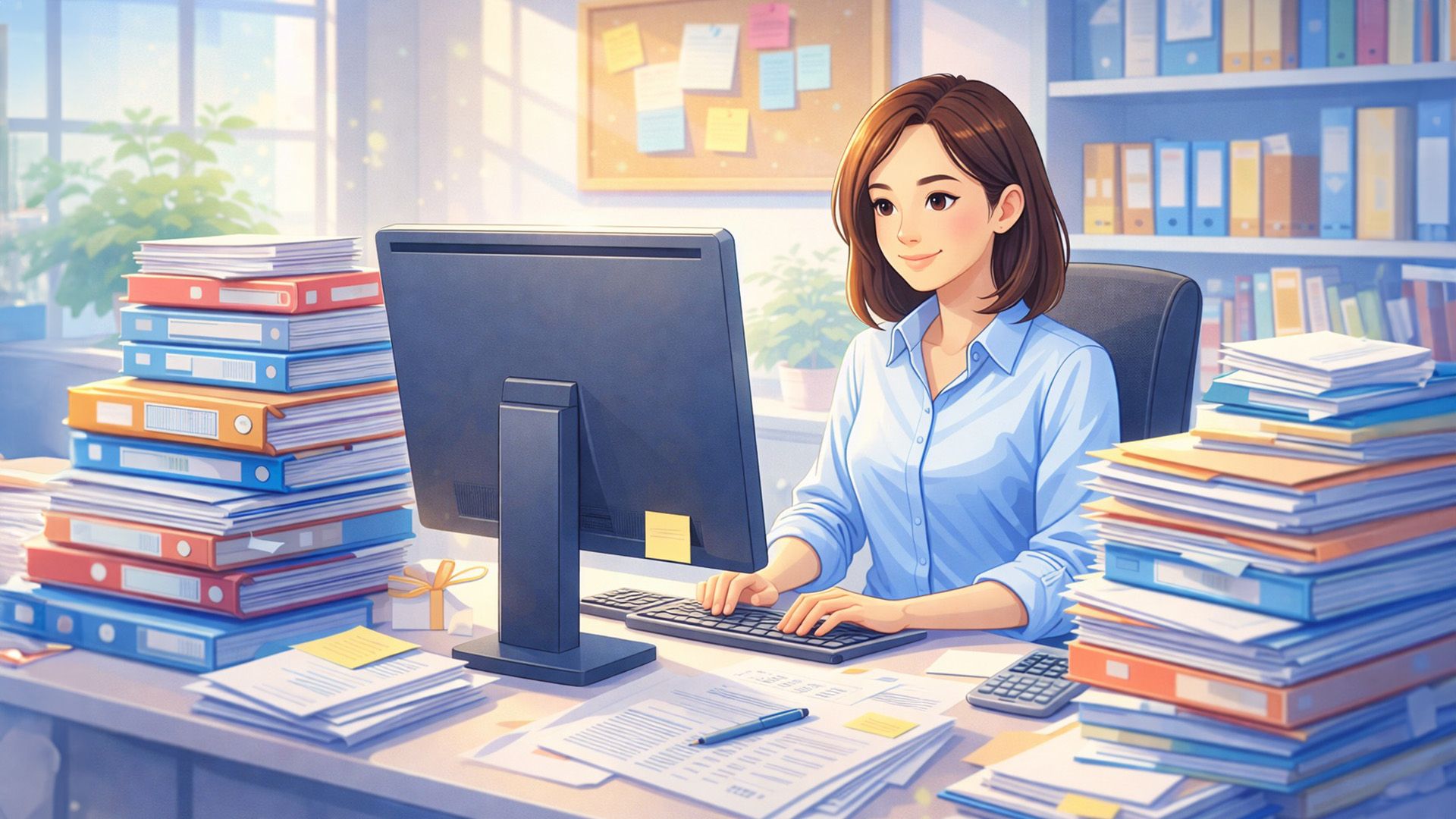 Женщина сидит за письменным столом с компьютером и стопками папок и бумаг