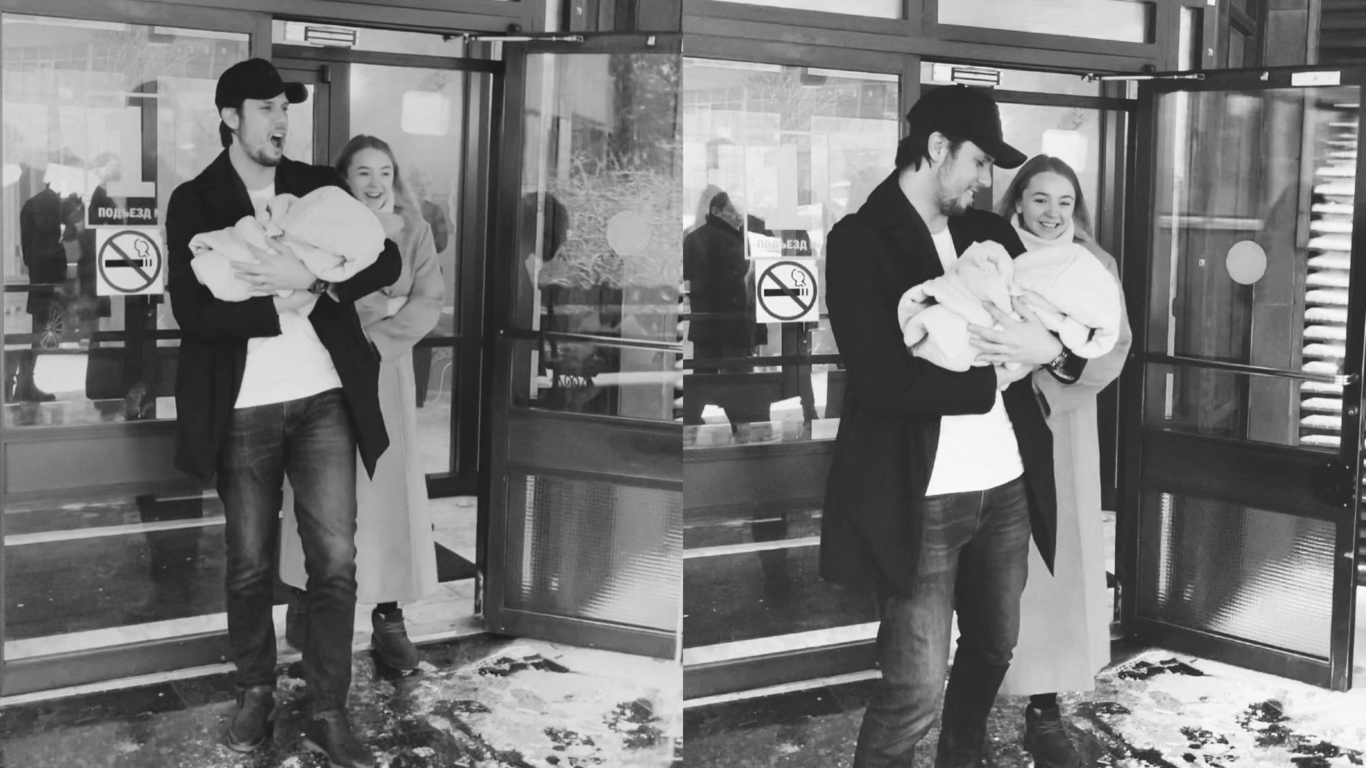 Александра Степанова и Владислав Малинов стоят у входа в роддом с ребенком на руках