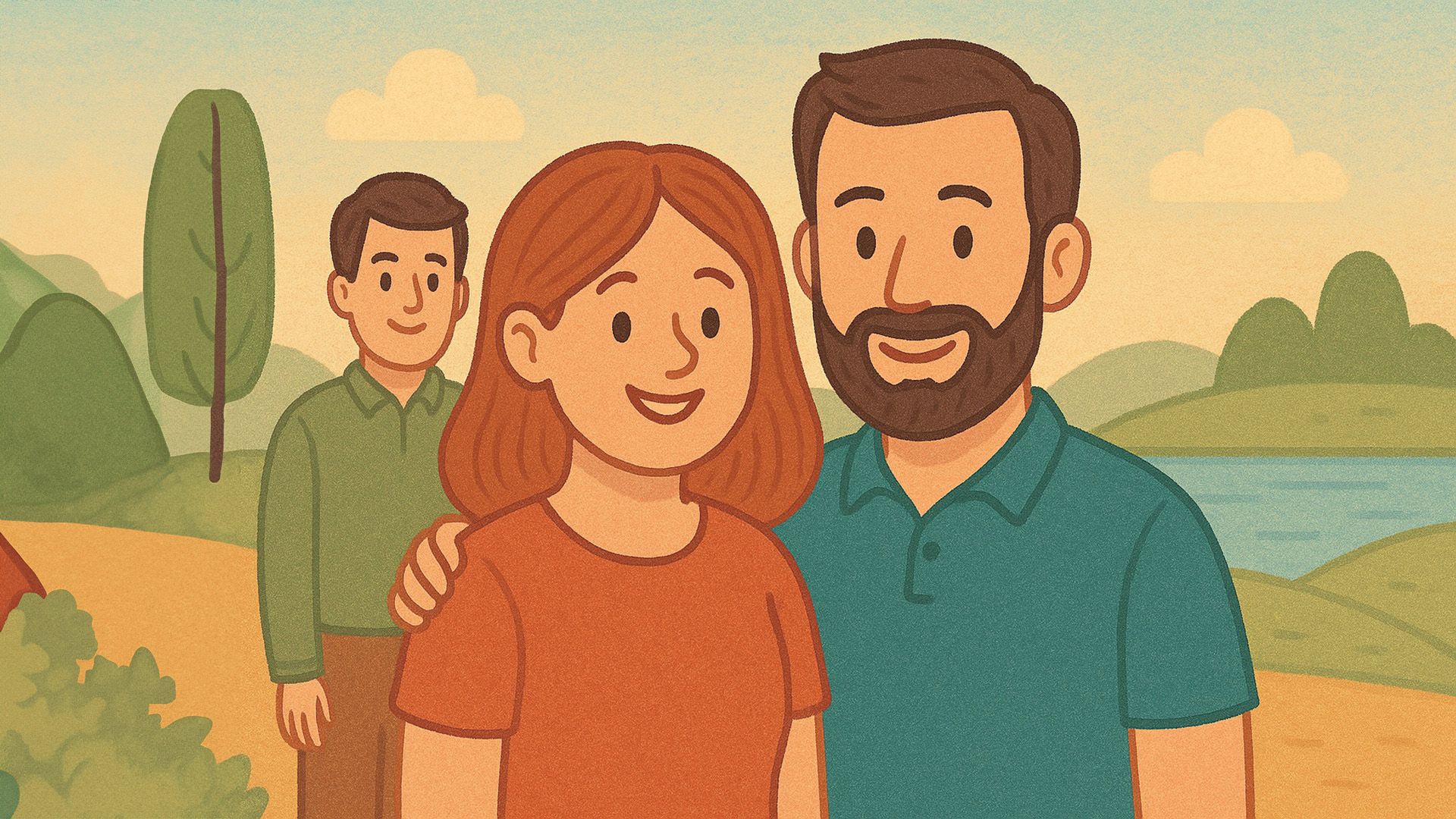 Иллюстрация: мужчина и женщина стоят рядом, позади них стоит второй мужчина