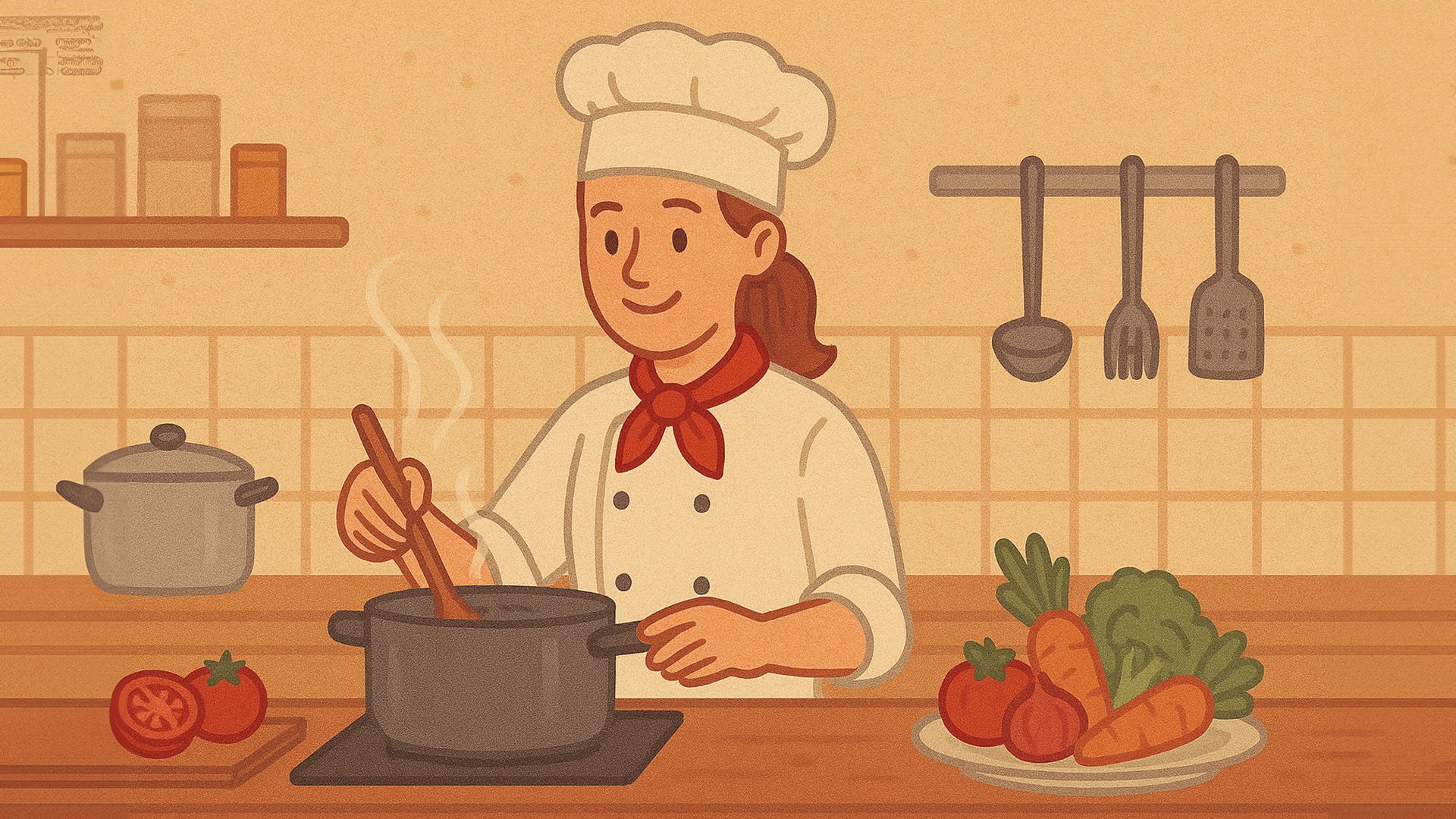 Иллюстрация: женщина в костюме повара помешивает ложкой в кастрюле в интерьере кухни