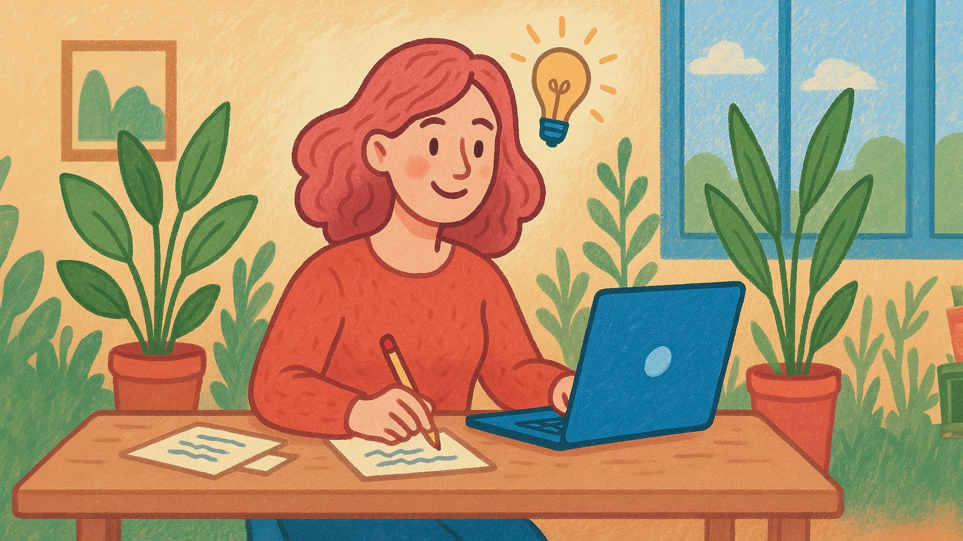 Иллюстрация: женщина сидит за ноутбуком и делает пометки карандашом в блокноте