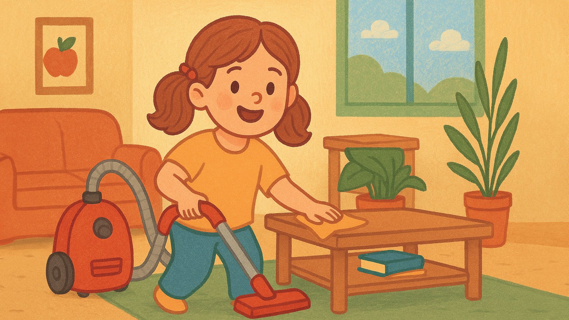 Иллюстрация: девочка с пылесосом наводит уборку в комнате
