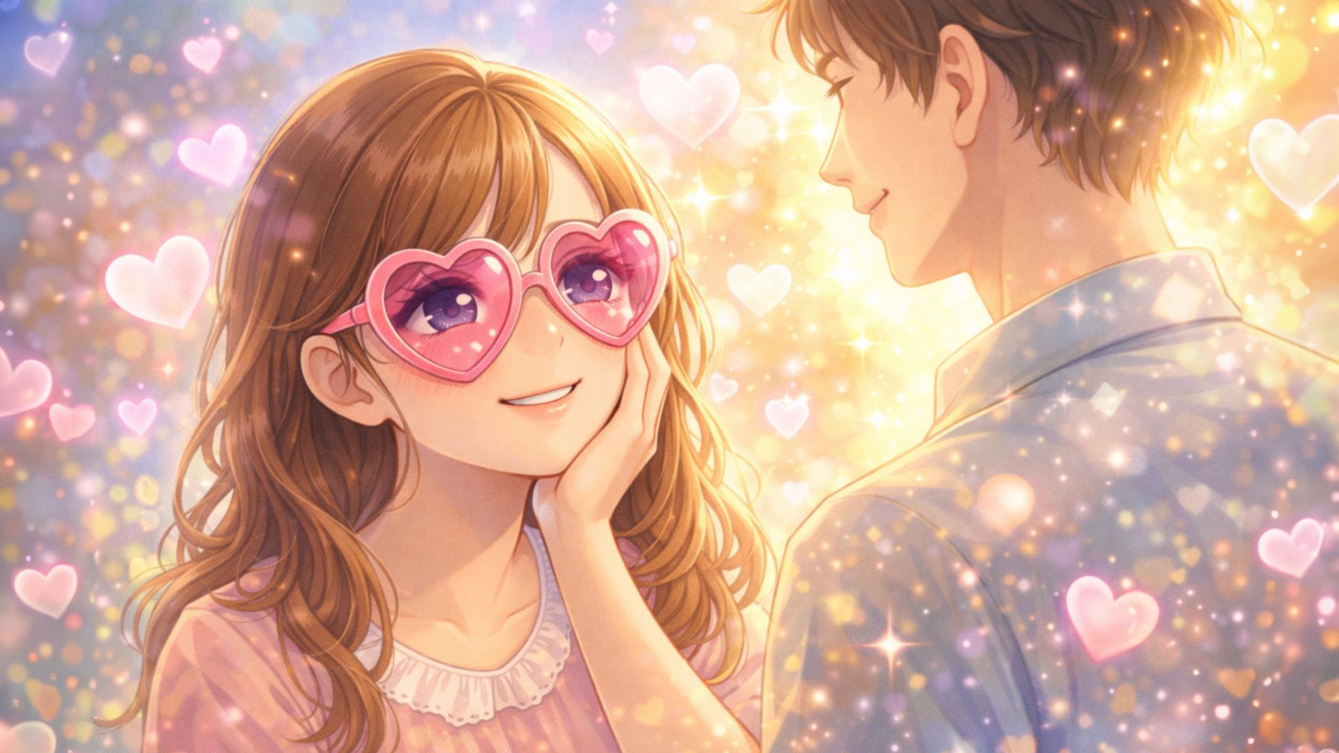 Девушка в розовых очках в форме сердца влюблённым взглядом смотрит на парня