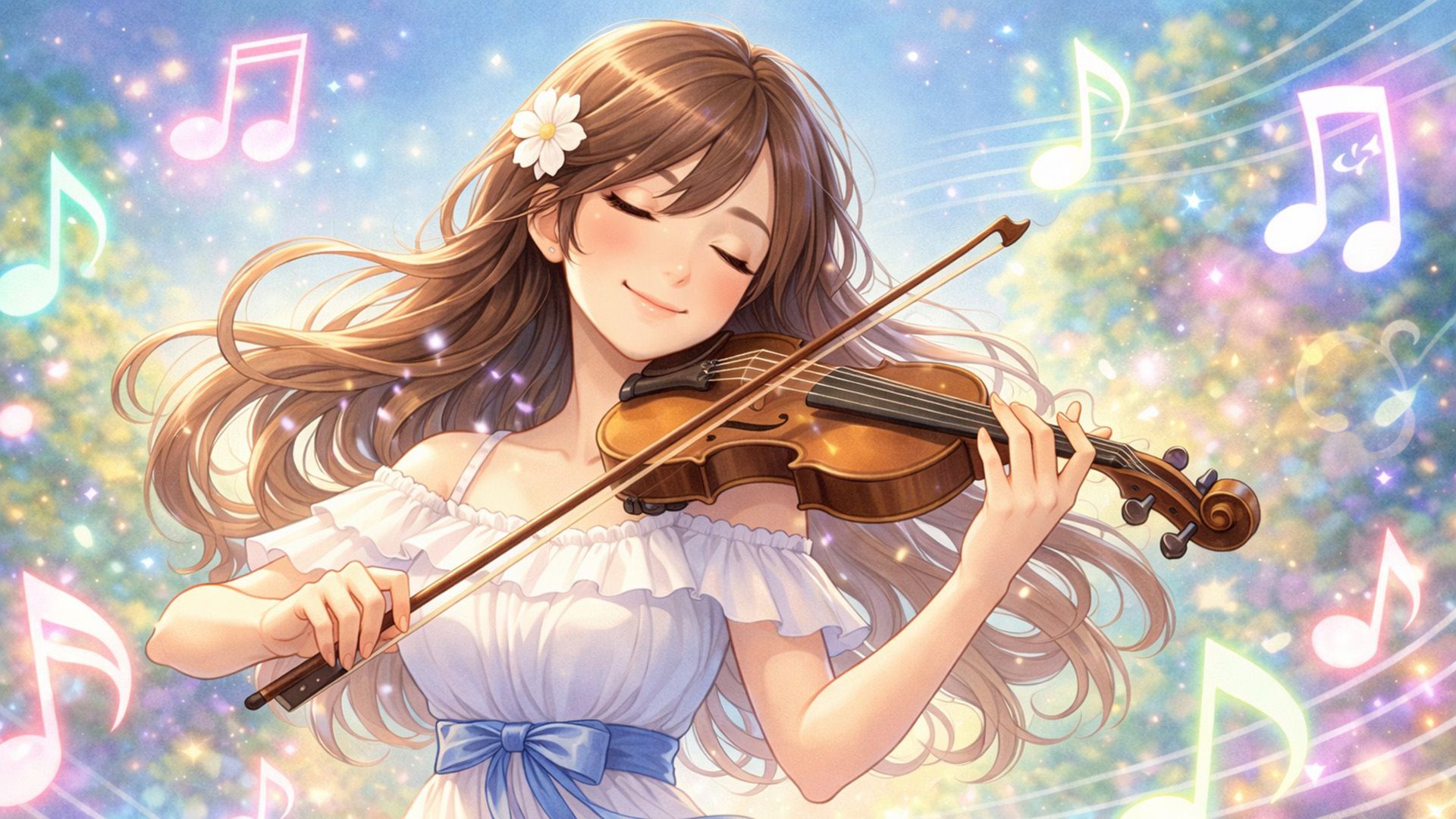 Девушка играет на скрипке, вокруг летают разноцветные ноты