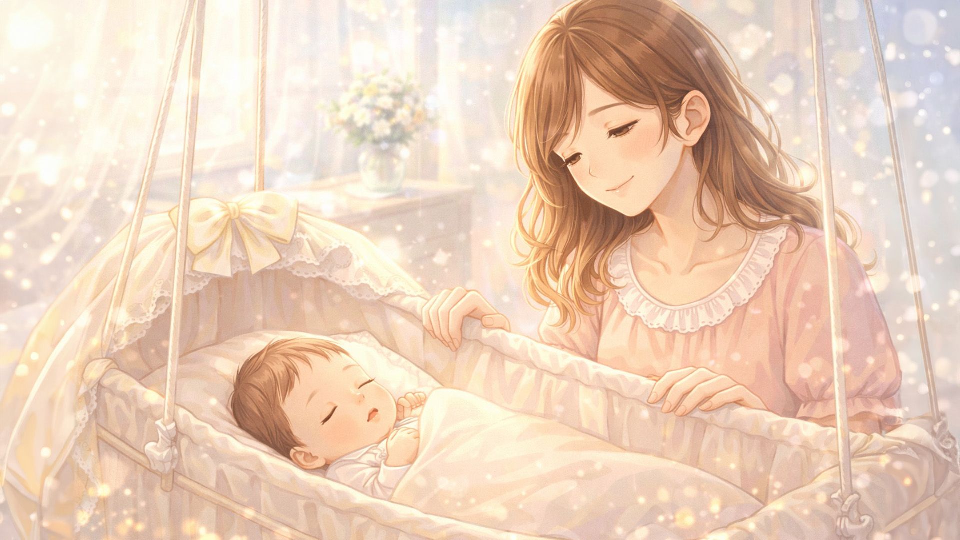 Мать покачивает люльку со спящим в ней младенцем