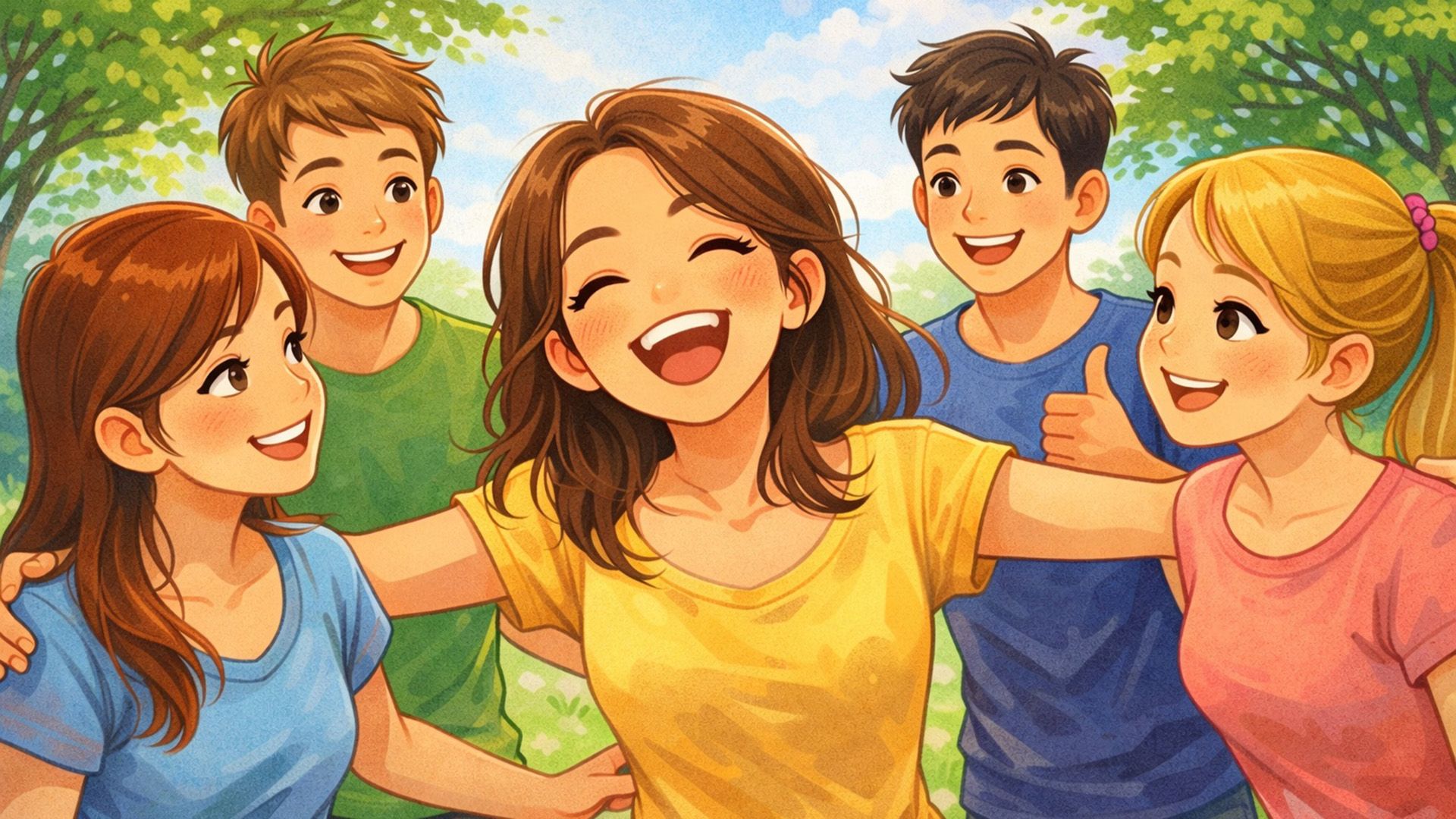 Весёлая девушка в окружении смеющихся друзей