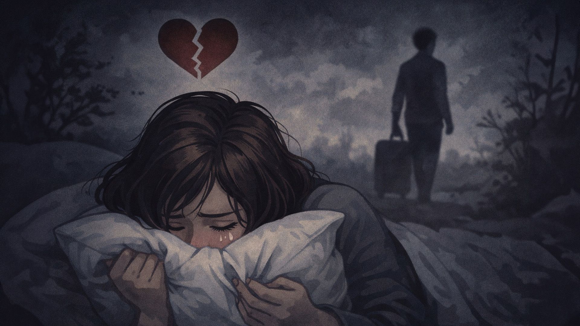 Девушка плачет, уткнувшись в подушку, над её головой разбитое сердце, вдалеке силуэт мужчины с чемоданом