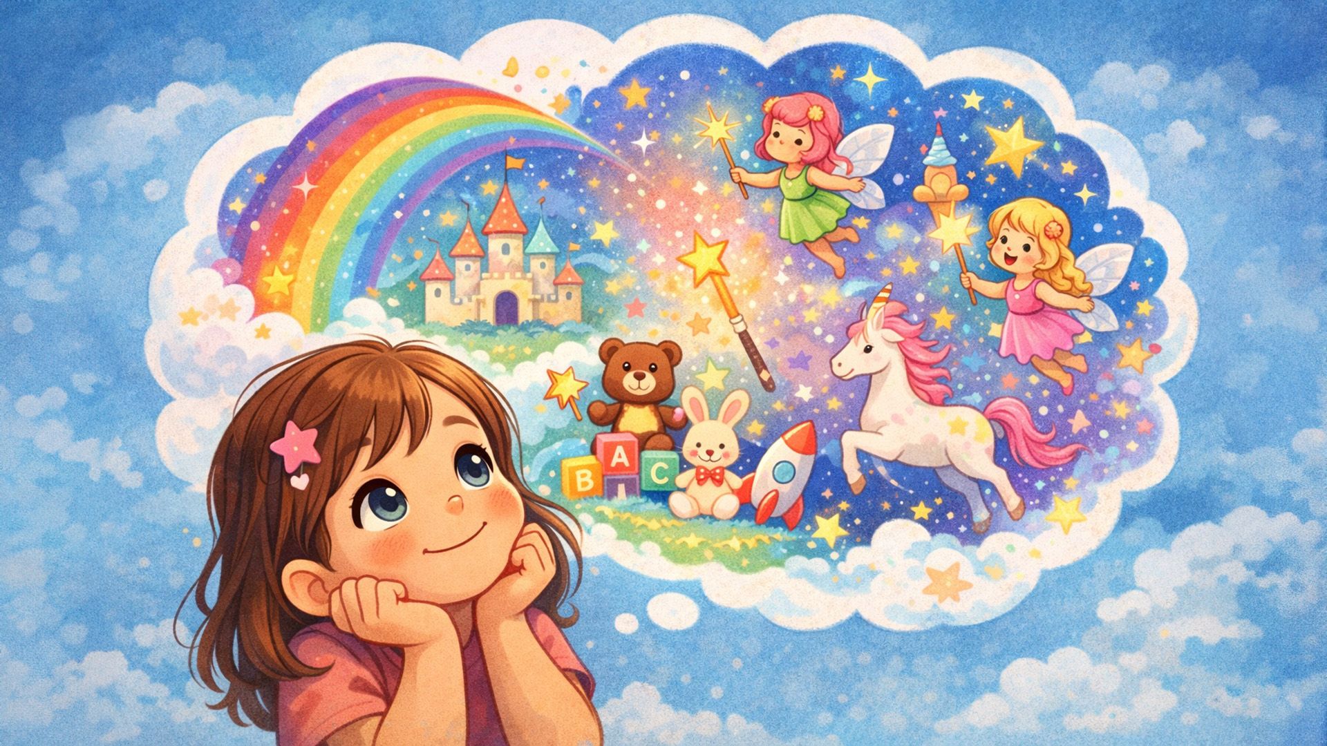 Маленькая девочка мечтательно смотрит вверх, над её головой облако с феями, радугой и игрушками