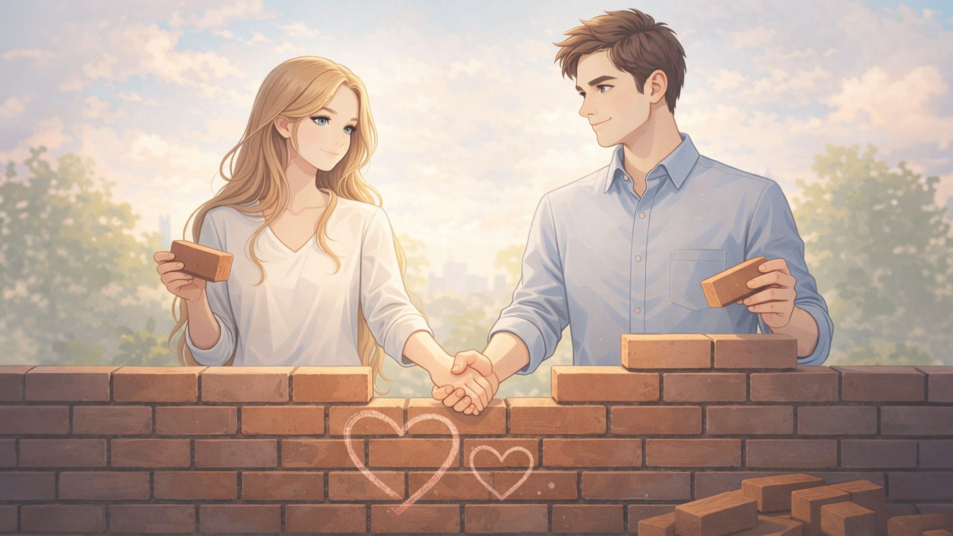 Мужчина и женщина держатся за руки и строят стену из кирпичей