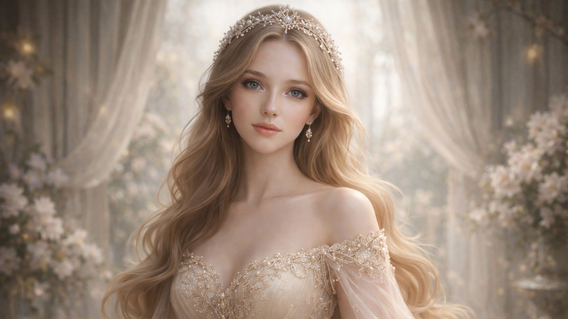 Утончённая девушка в бежевом платье и с диадемой в волосах