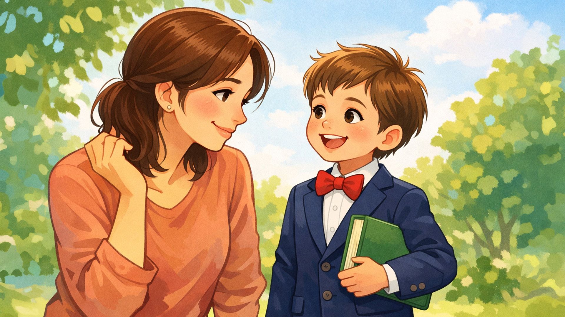 Мама с улыбкой смотрит на сына в пиджаке и галстуке-бабочке