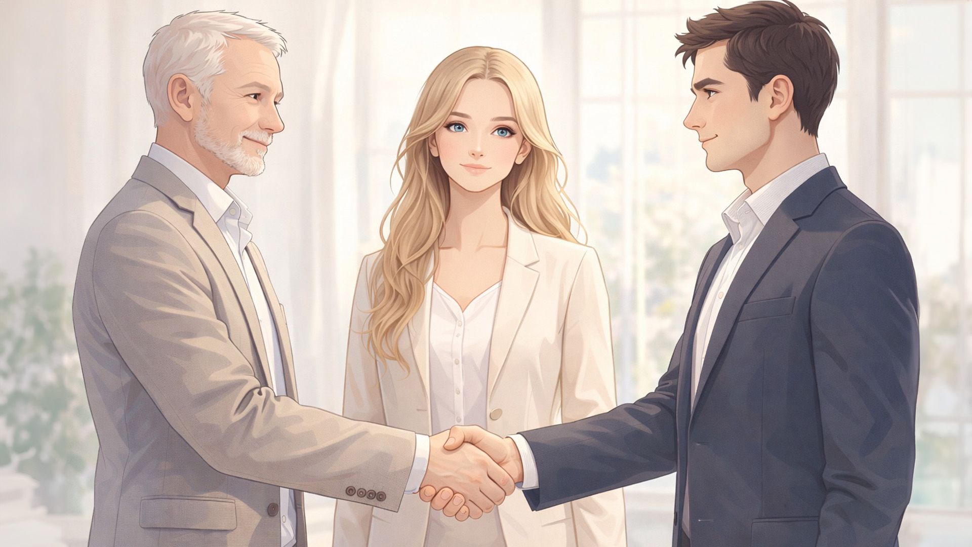 Двое мужчин жмут друг другу руки, между ними стоит девушка