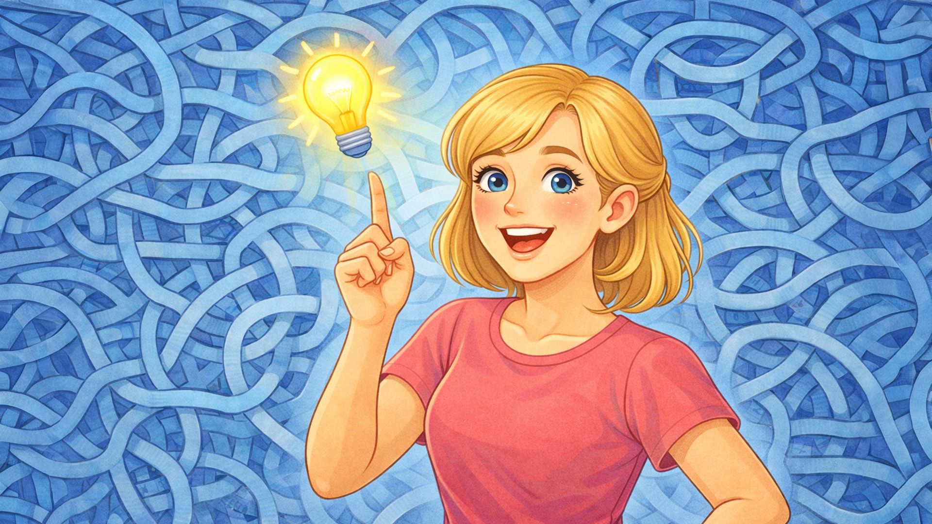 Девушка с поднятым вверх указательным пальцем широко улыбается, сзади неё лабиринт