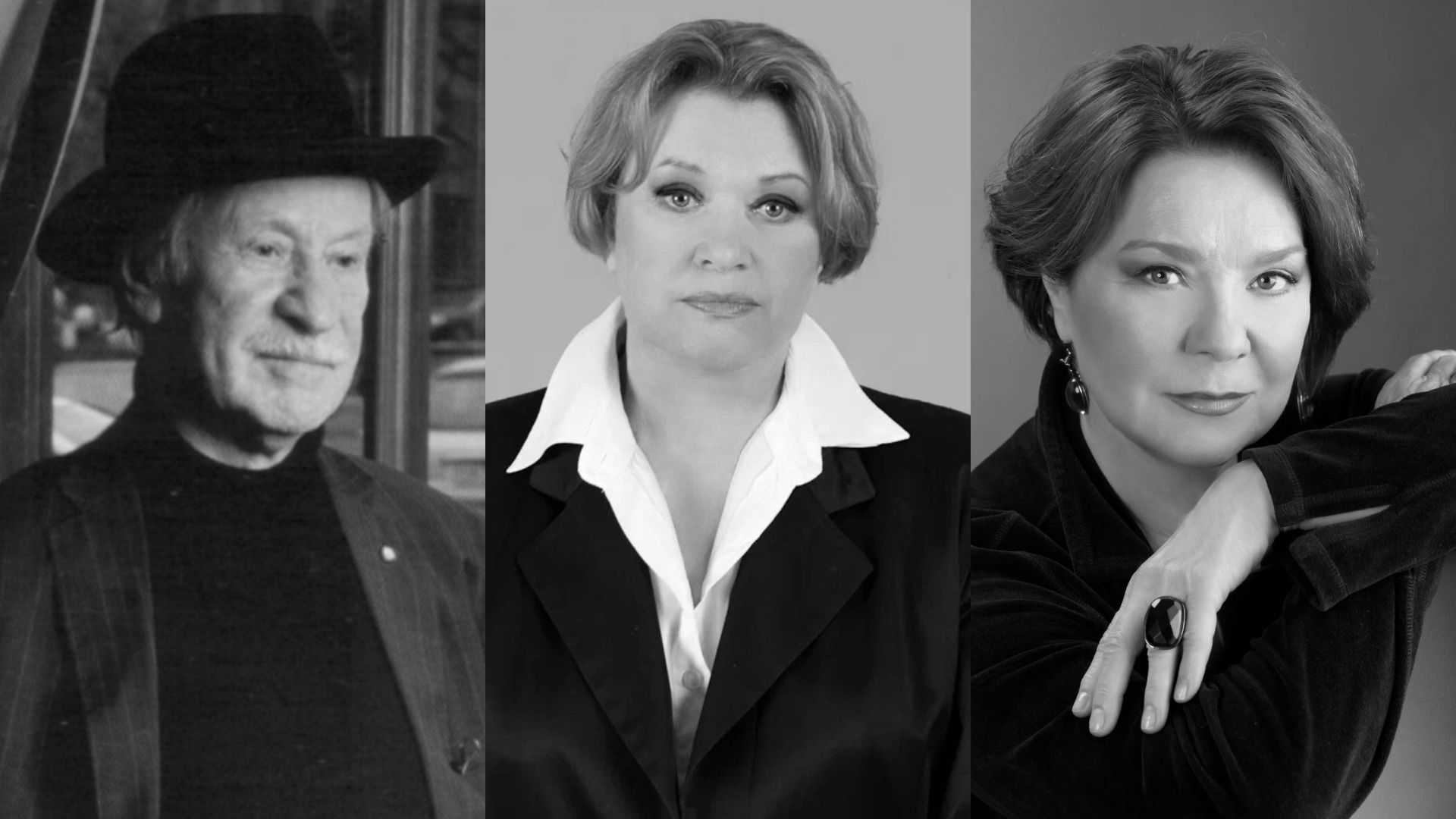 Мужчина в шляпе, женщина в черном пиджаке и женщина в платье