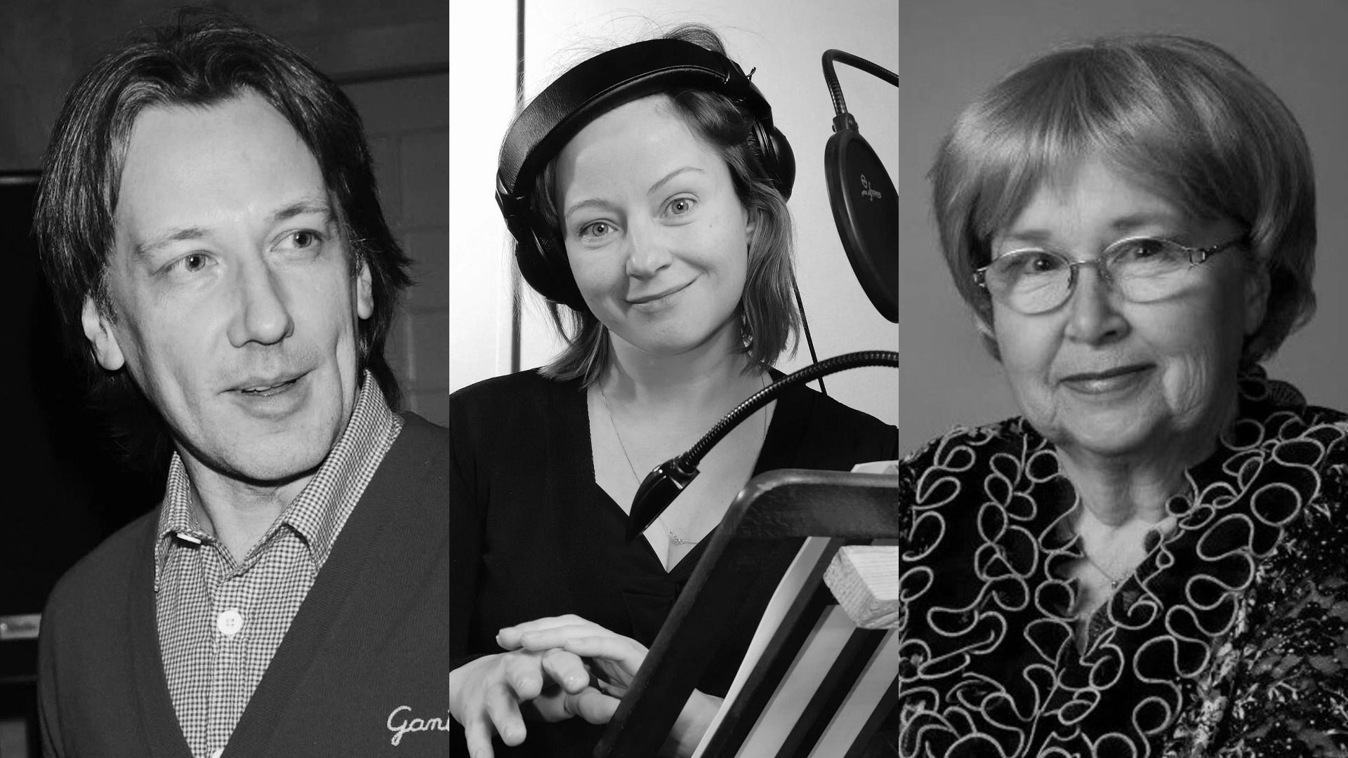 Мужчина в клетчатой рубашке, женщина в наушниках и женщина в платье