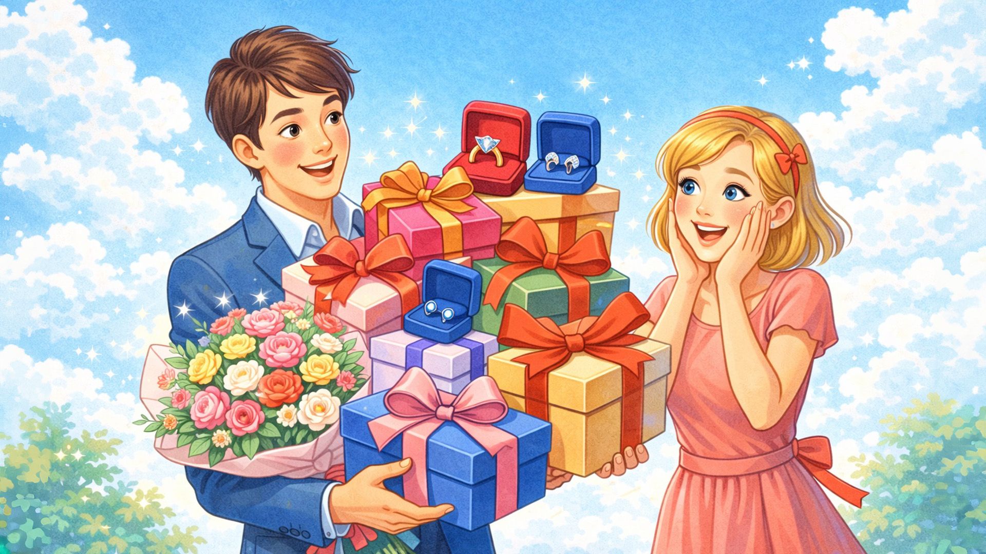 Мужчина вручает девушке гору подарков, цветов и украшений