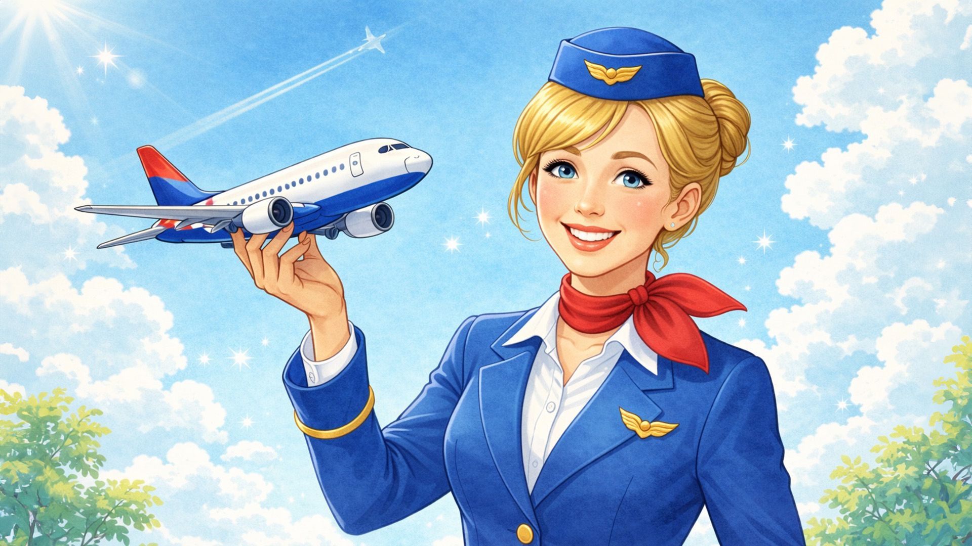 Улыбающаяся стюардесса держит в руках миниатюрный самолёт на фоне неба