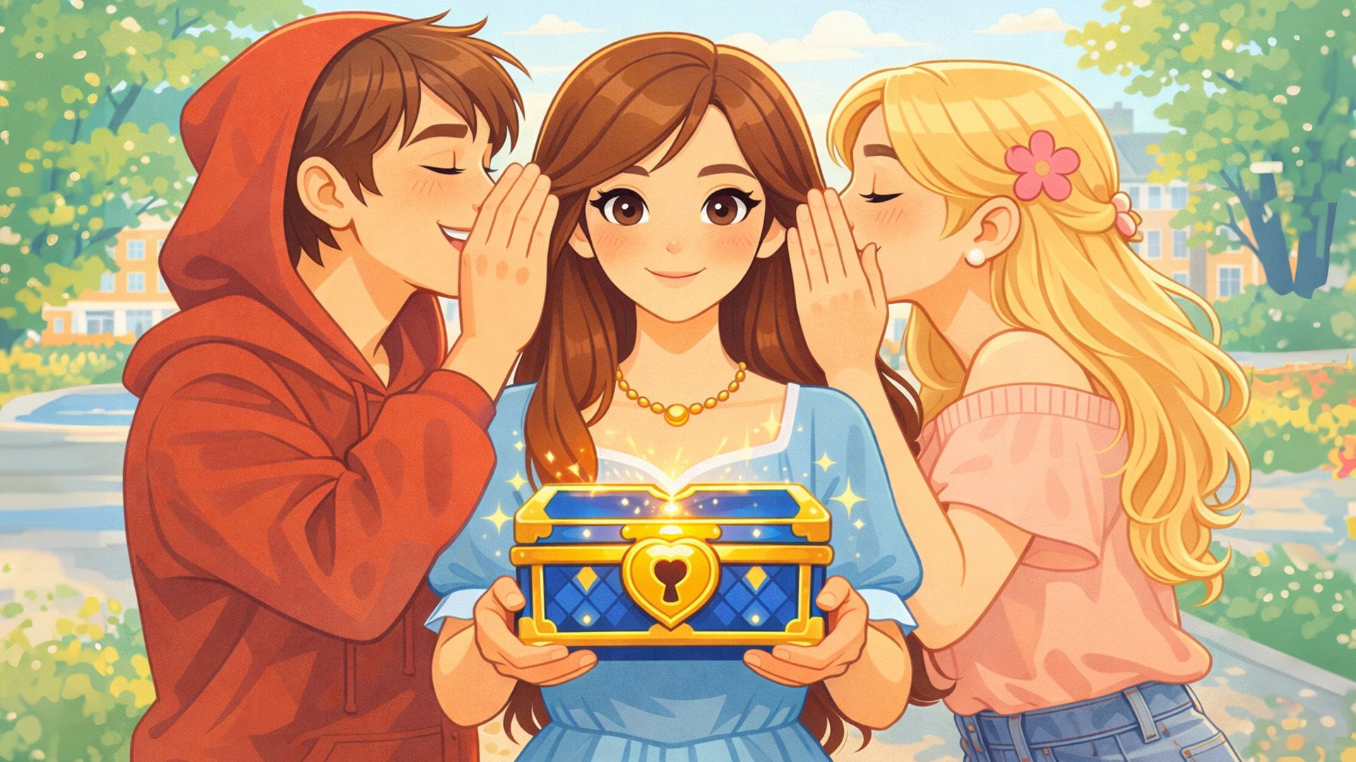 Девушка держит в руках шкатулку с замком, слева и справа мужчина и женщина шепчут ей на ухо