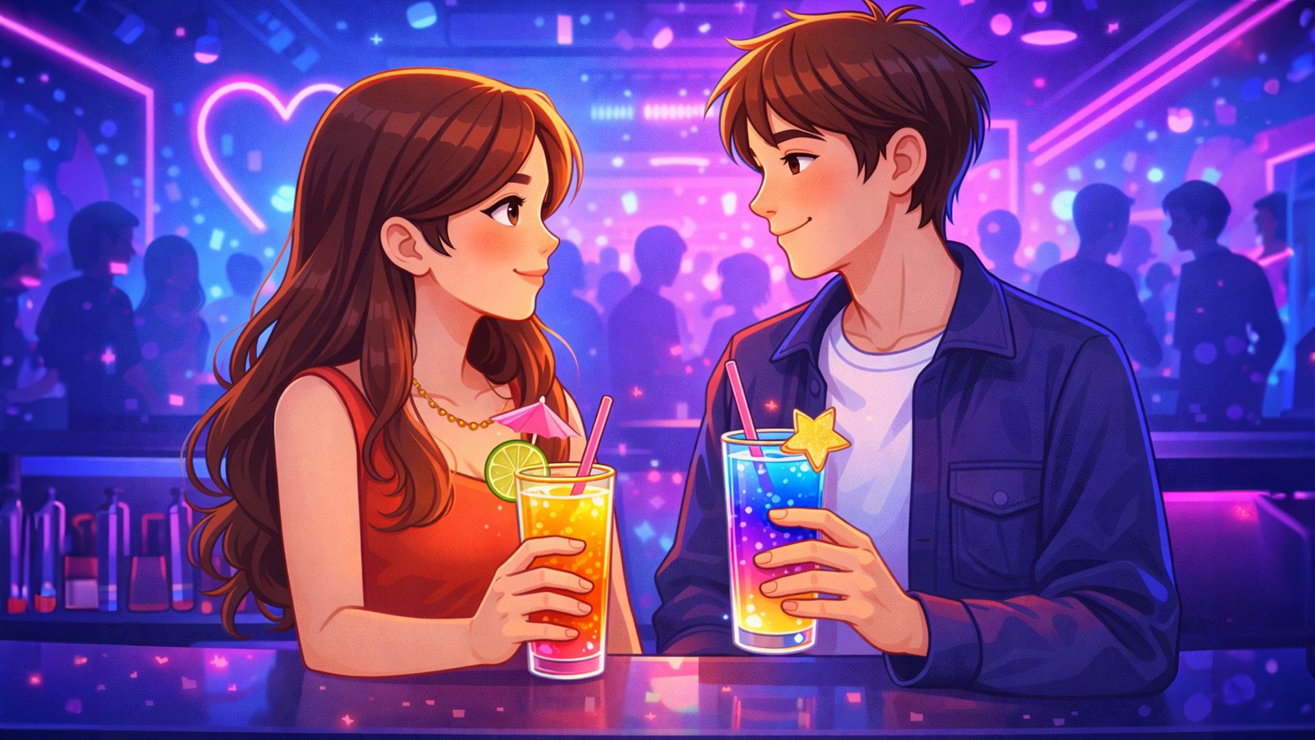 Парень и девушка с яркими коктейлями у барной стойки в ночном клубе