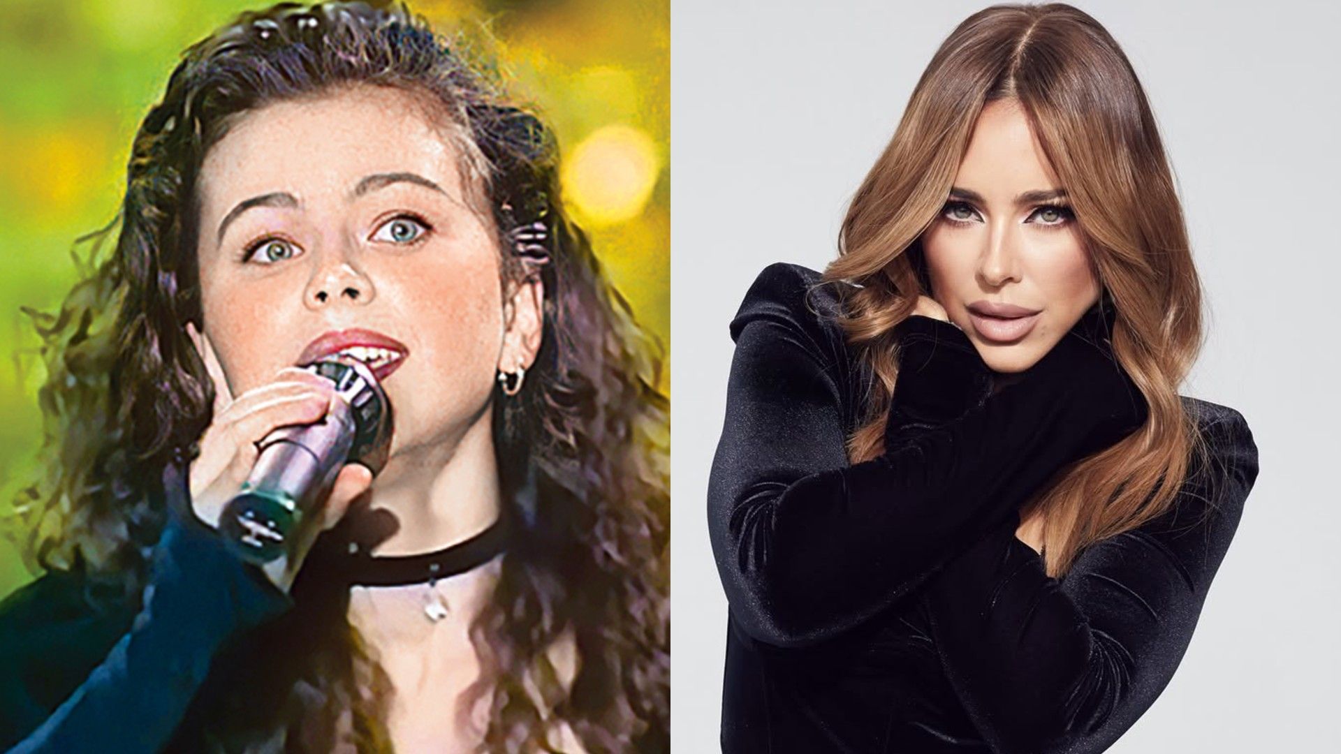 Ани Лорак с микрофоном в 1995 году и в черном платье в 2025