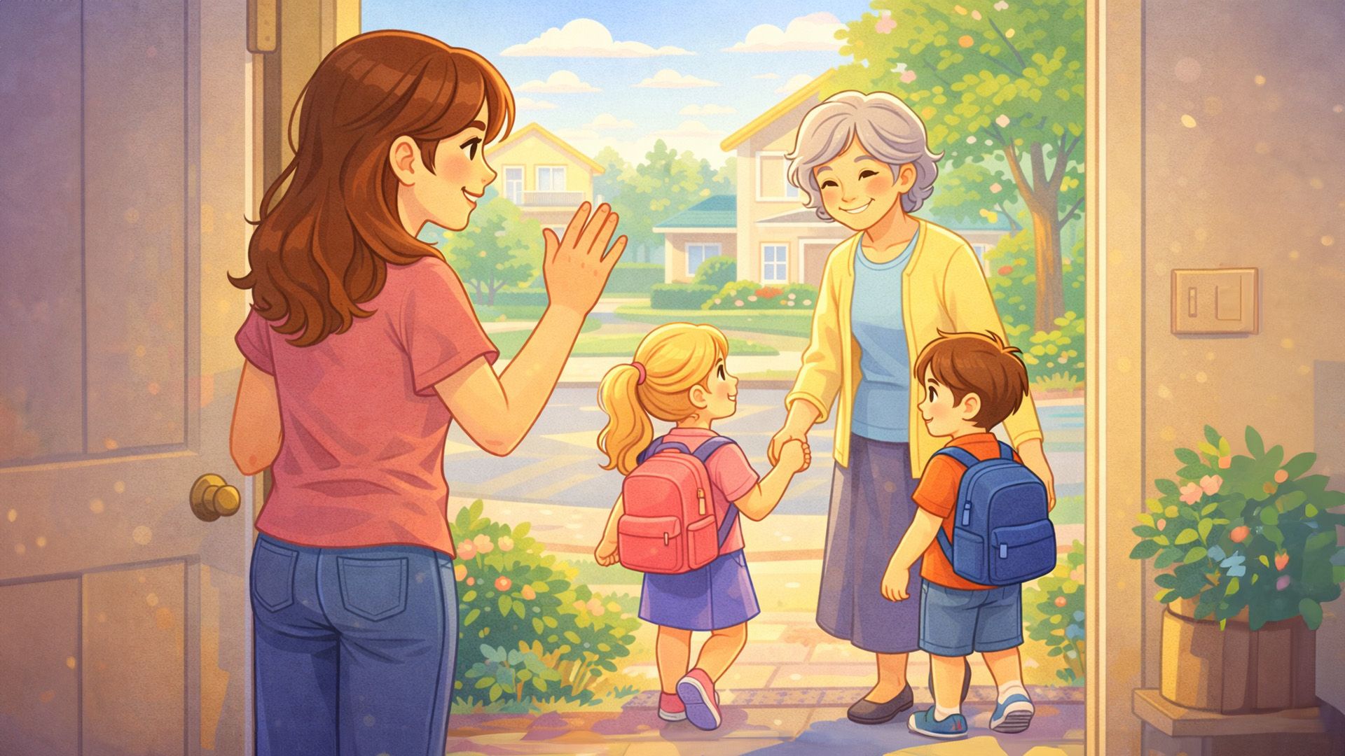 Мама прощается у дверей с бабушкой, держащей за руки двух детей с портфелями