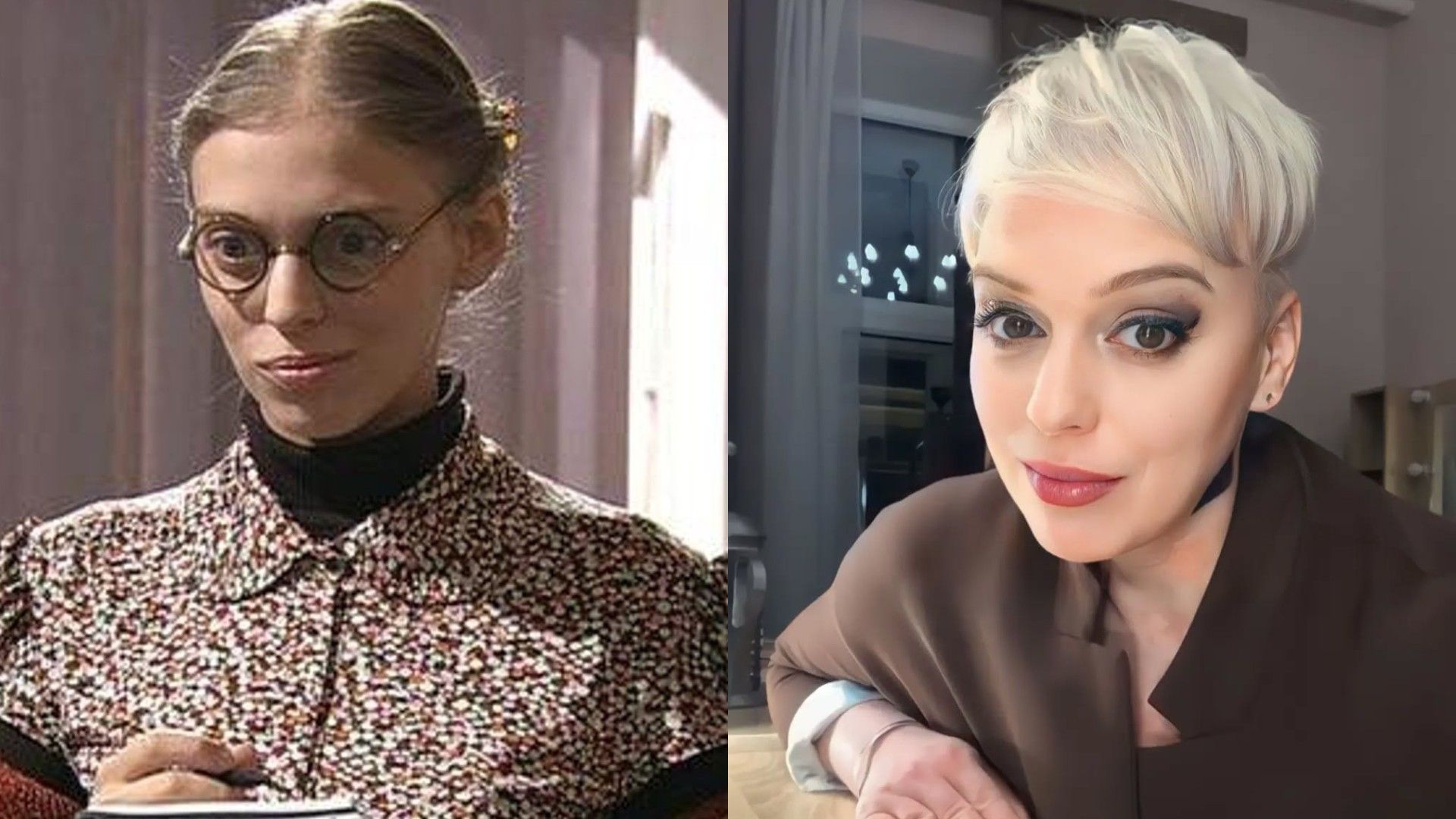 Нелли Уварова в образе Кати Пушкаревой, справа - с короткой стрижкой и белыми волосами