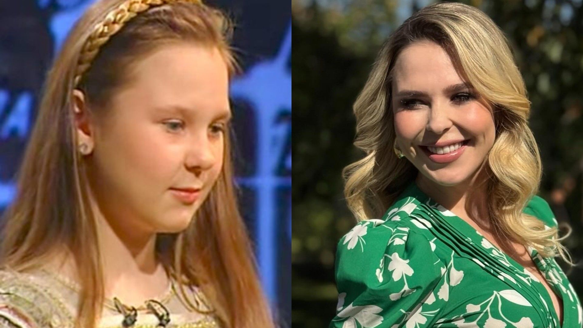 Пелагея в детстве и в 20025 году в зеленом платье