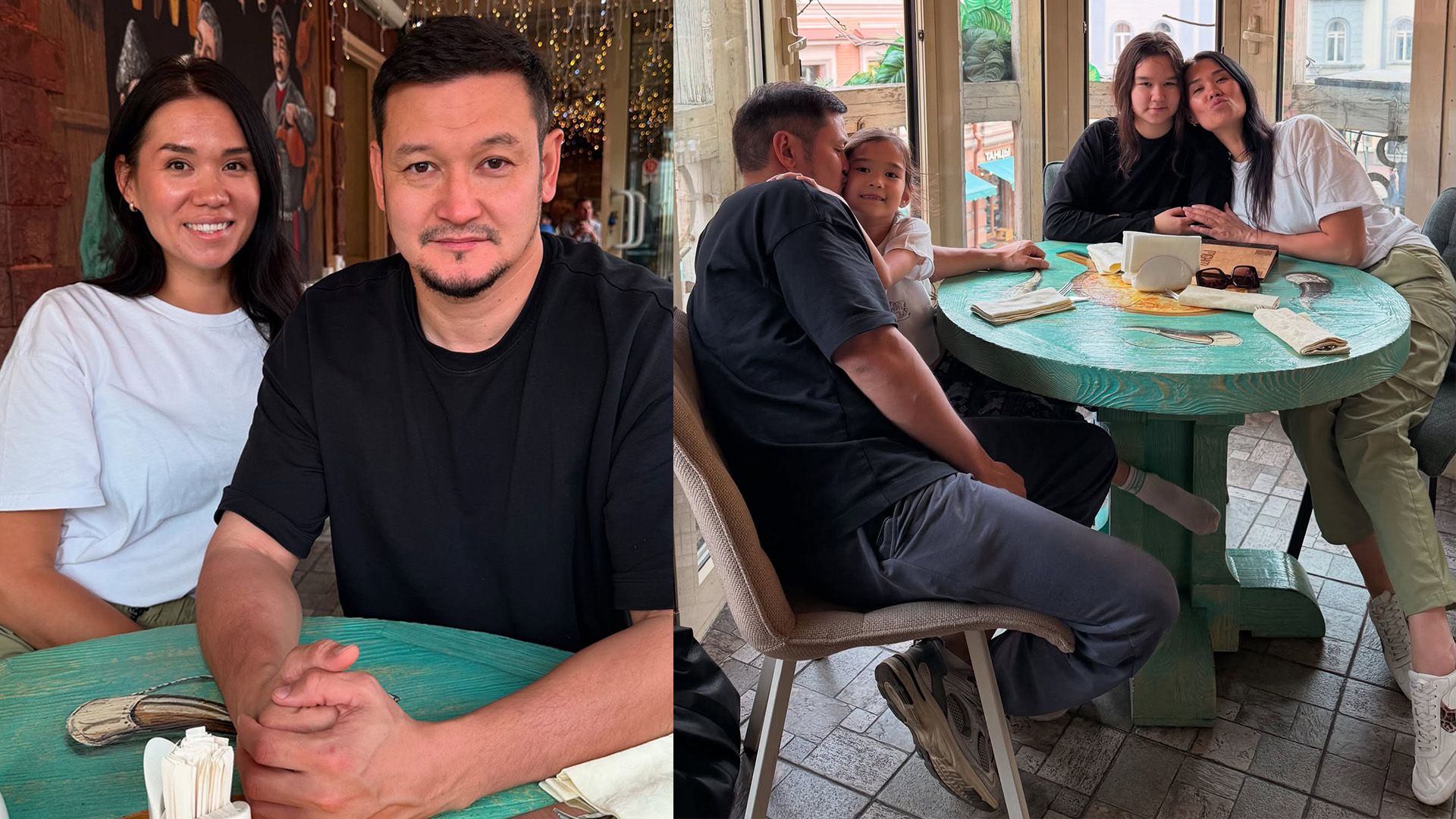 Ренат Мухамбаев с женой и детьми сидят за столом в кафе