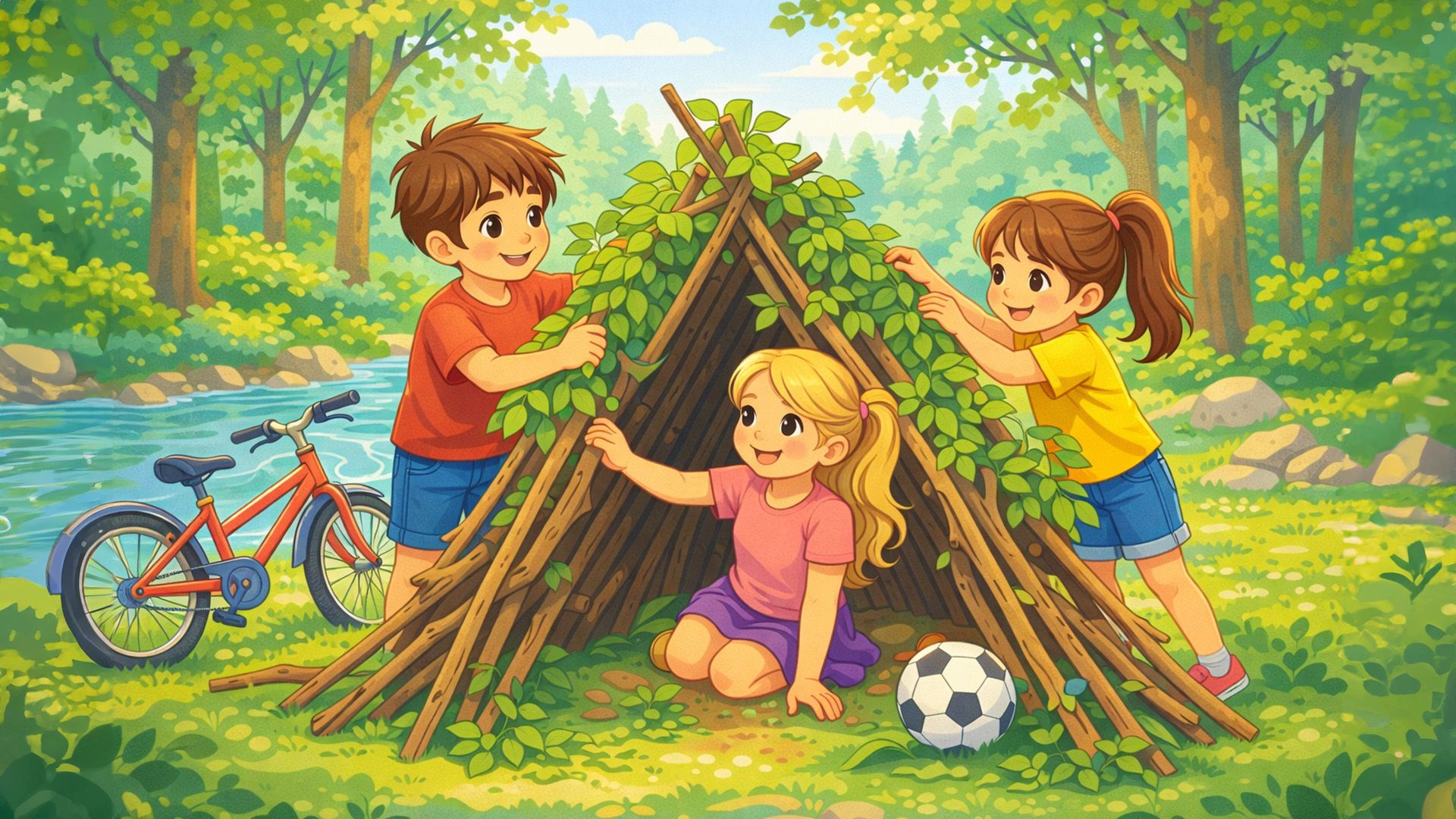 Две маленькие девочки и мальчик строят шалаш из веток в лесу у реки