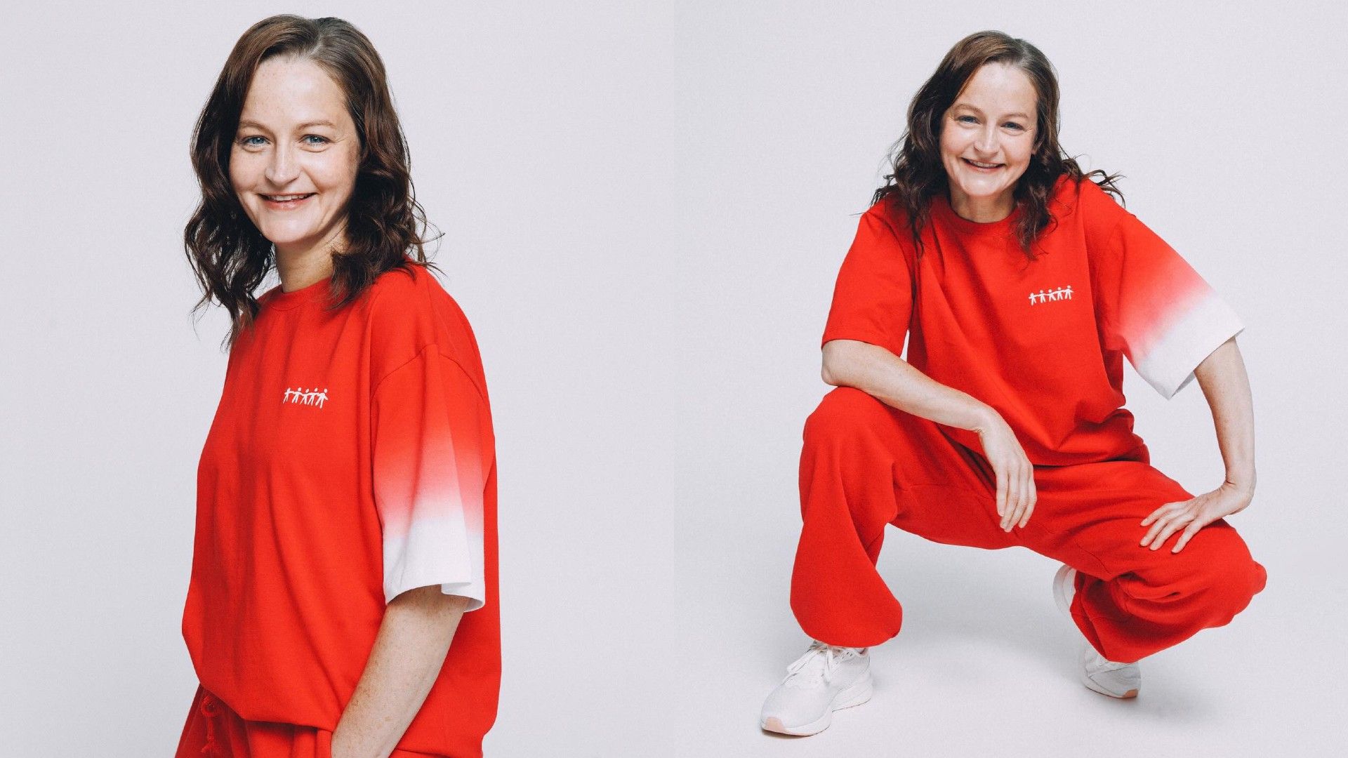 Яна Сексте в красном спортивном костюме, коллаж из двух фото