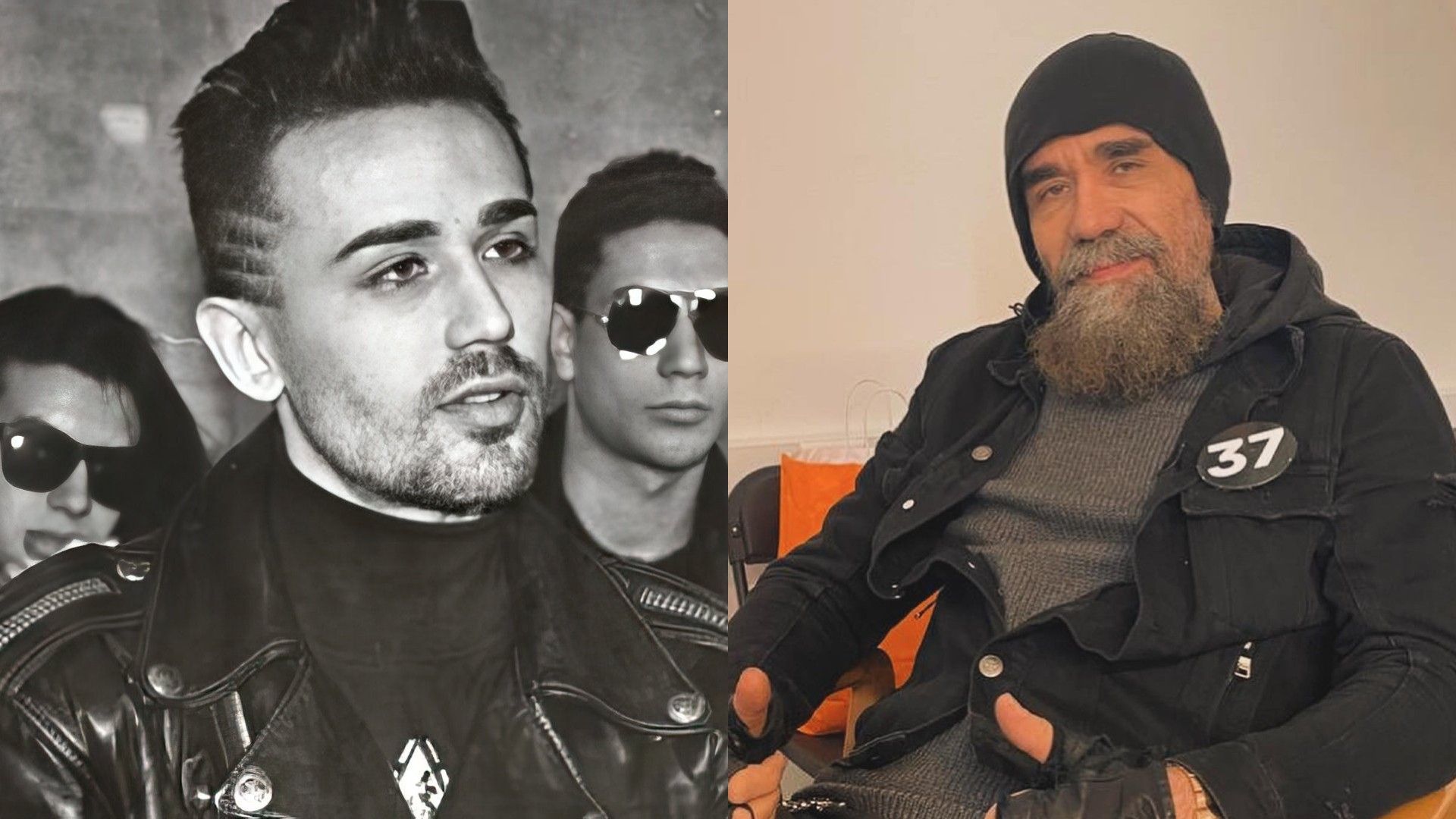 Богдан Титомир в молодости, чёрно-белое фото, справа он же сейчас в байкерском потрёпанном наряде