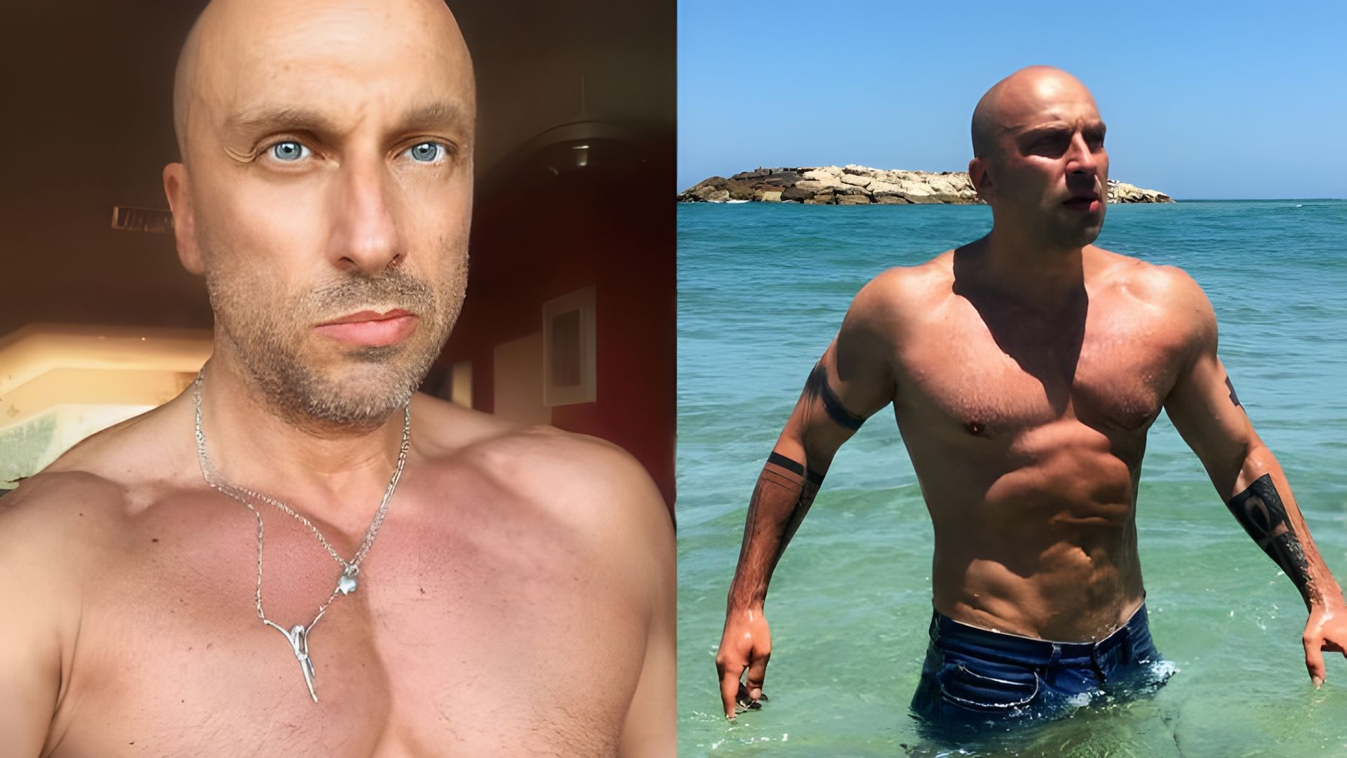 Дмитрий Нагиев делает селфи и стоит в воде, коллаж из двух фото