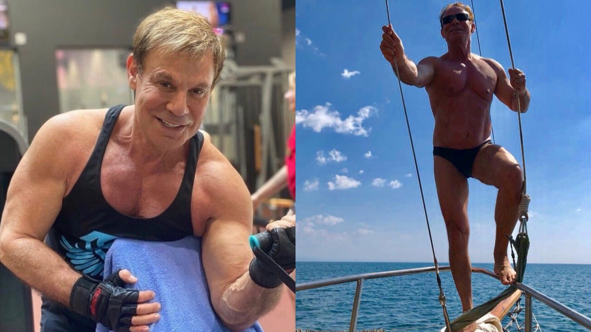 Ефим Шифрин в спортзале и на мачте яхты, коллаж из двух фото