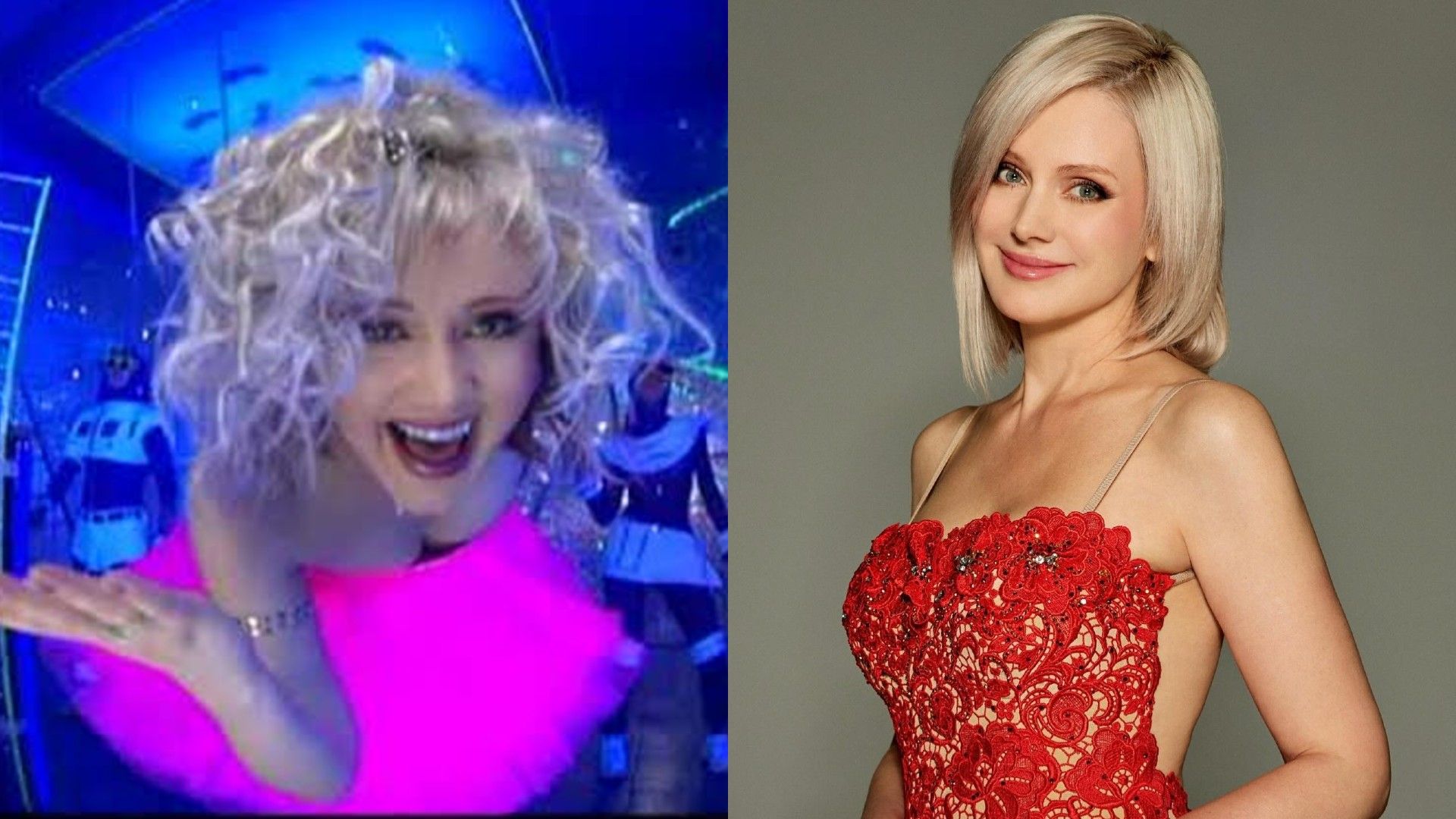 Слева певица Натали в клипе Черепашка, справа она сейчас в красном платье