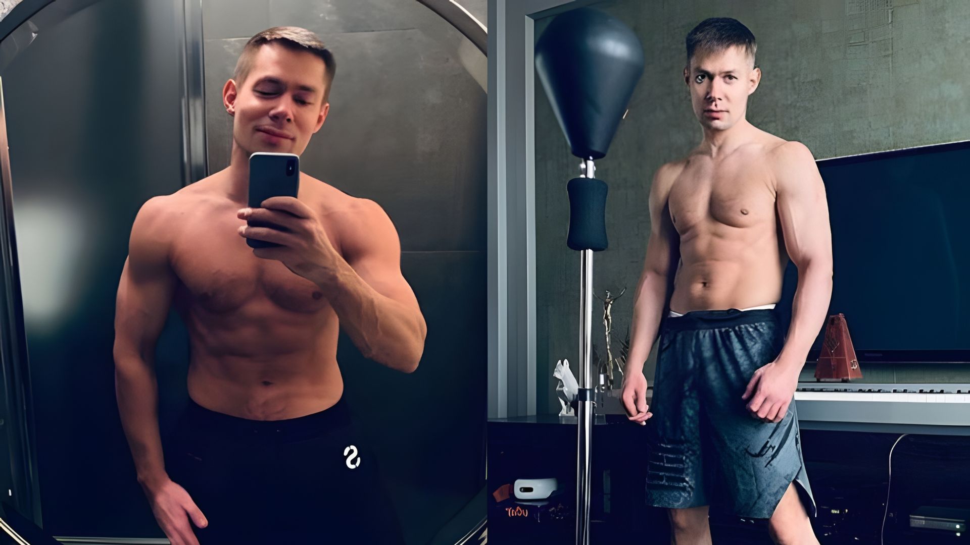 Стас Пьеха любуется своим телом в зеркало, коллаж из двух фото