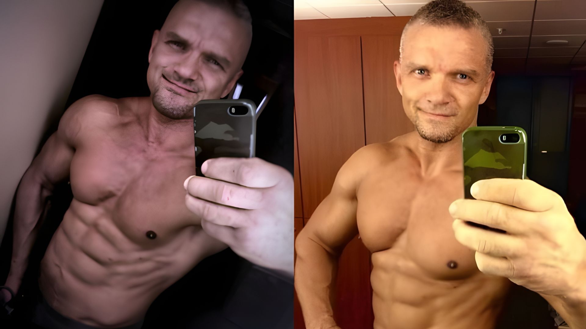 Владимир Епифанцев показывает мускулы, коллаж из двух фото