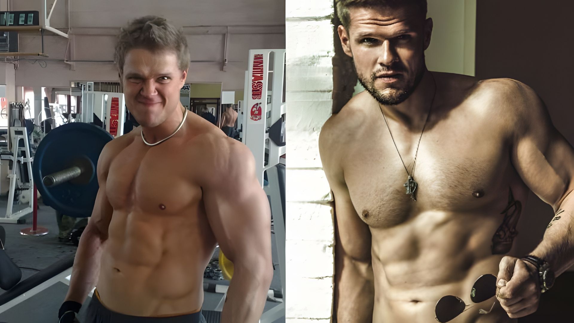 Владимир Яглыч в спортзале и на фотосессии, коллаж из двух фото