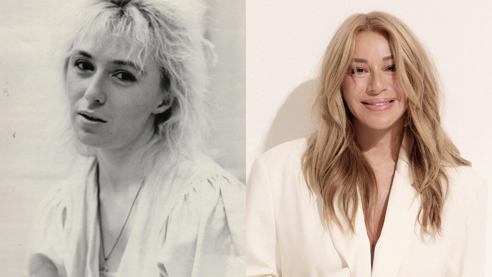 Молодая Алёна Апина, черно-белое фото, справа она же в 2025 году