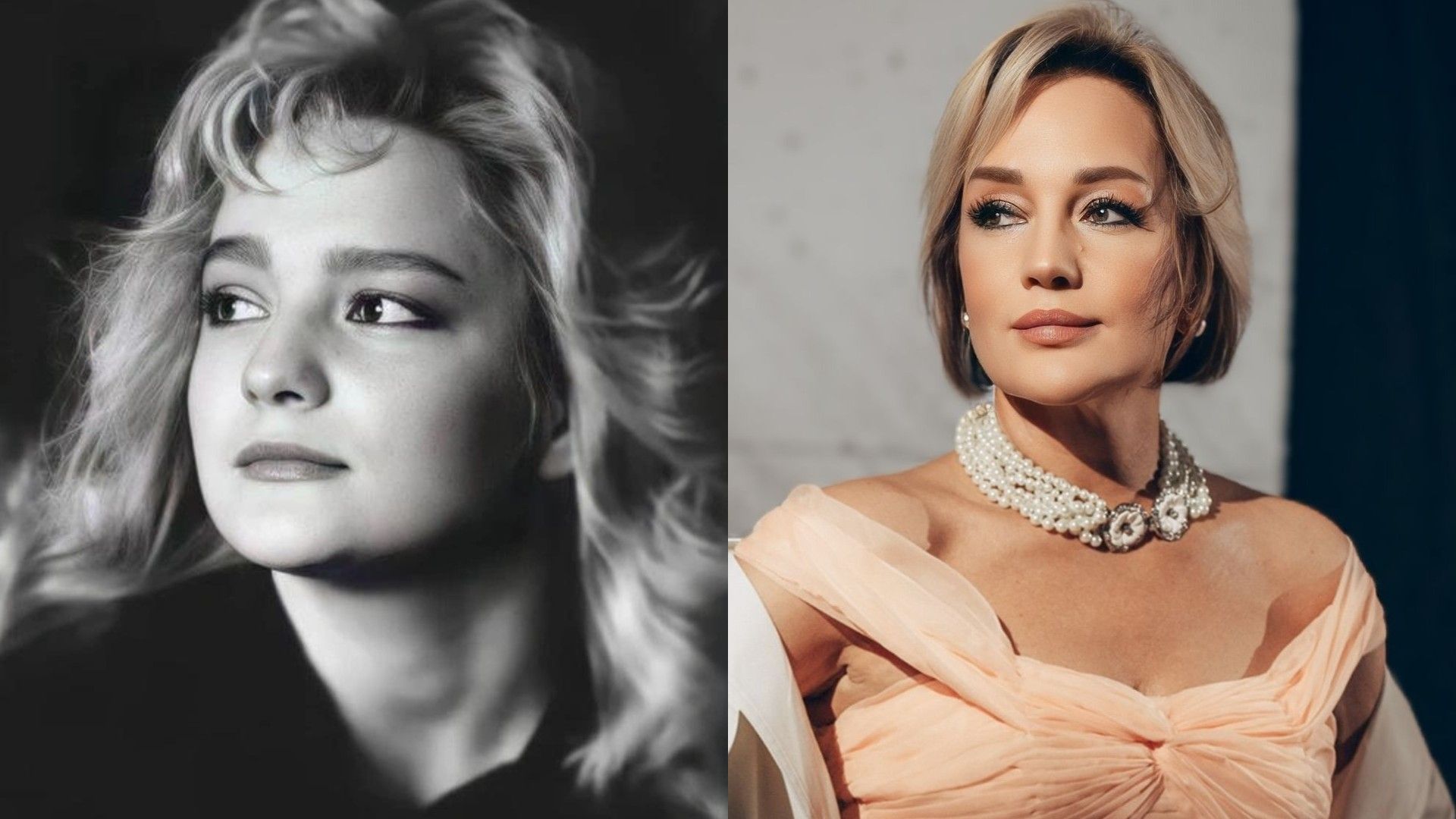 Молодая Татьяна Буланова, черно-белое фото в профиль, справа она же сейчас