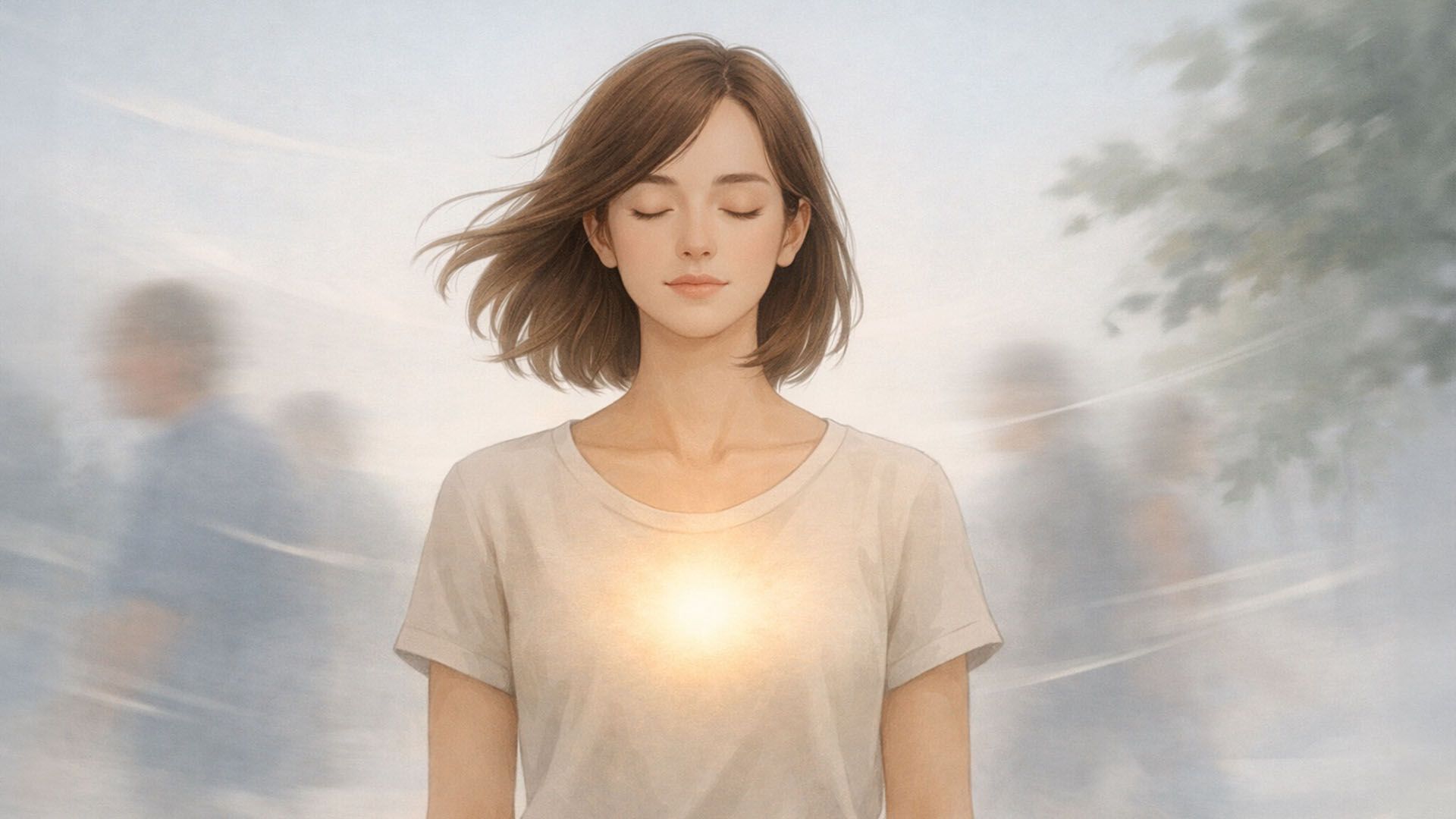 Девушка стоит с закрытыми глазами, в груди у неё светящийся тёплым светом шар