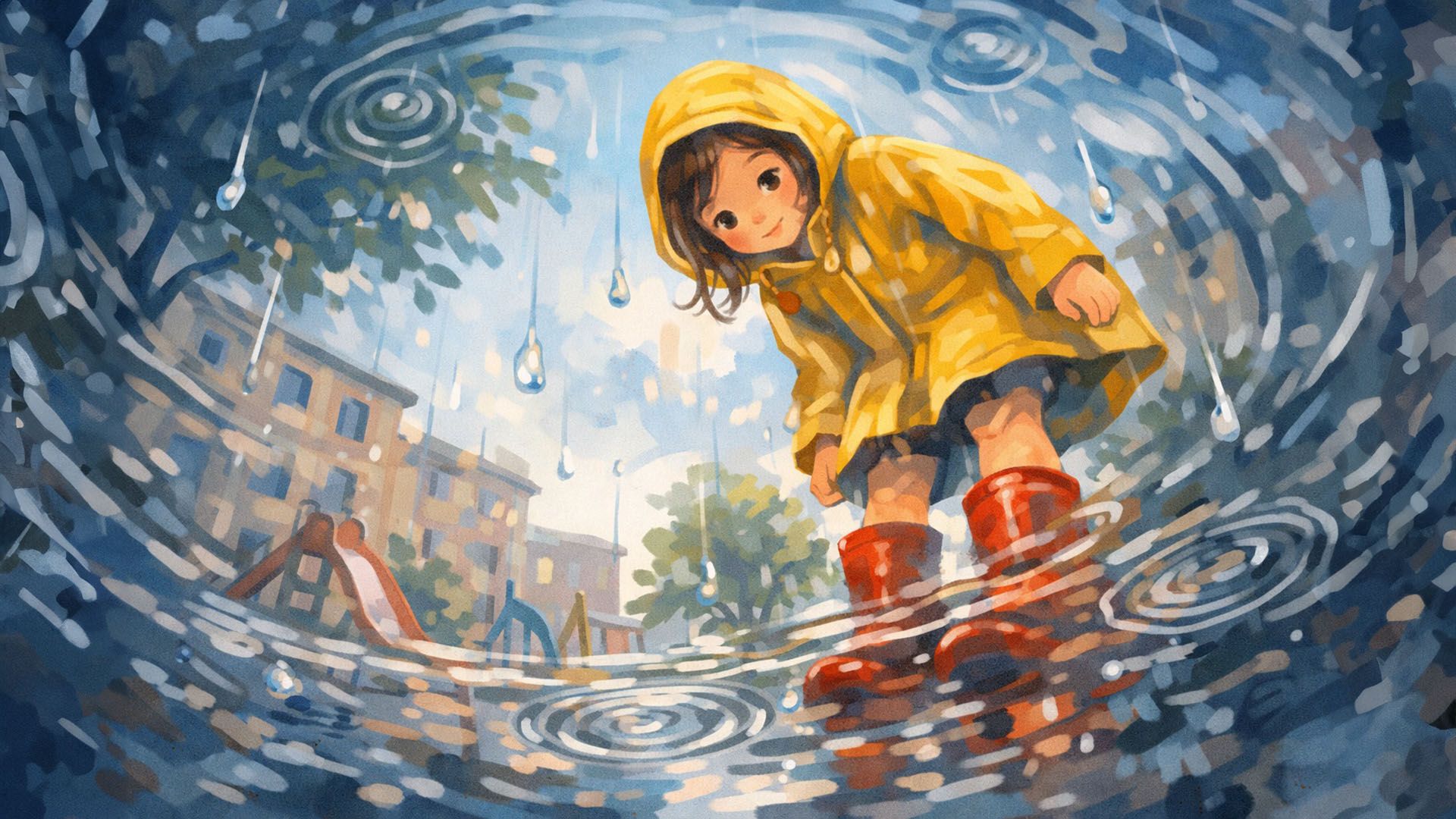 Маленькая девочка в дождевике и резиновых сапогах стоит в луже и смотрит в глубь её