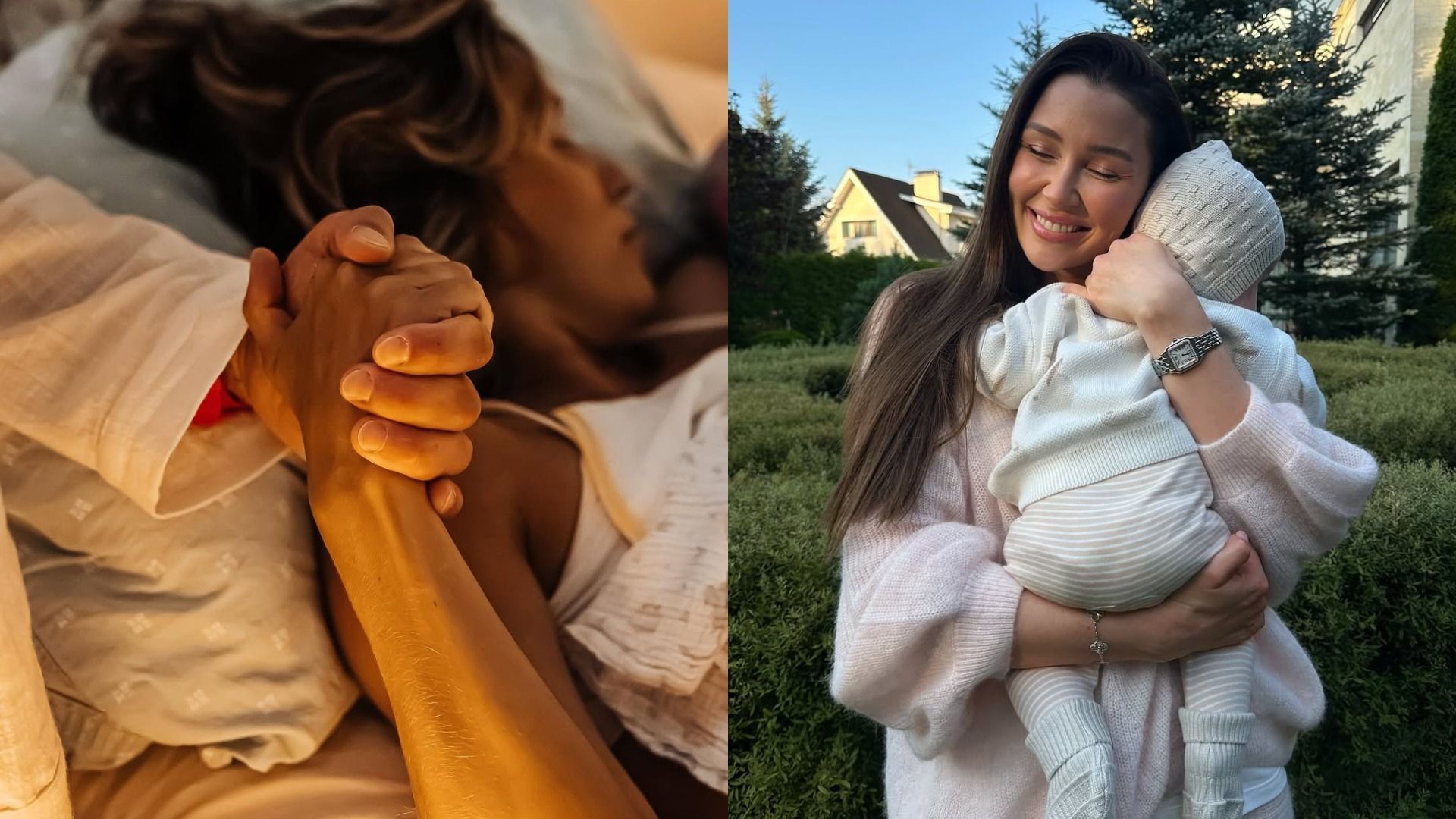 Мужчина держит за руку беременную девушку, справа девушка с ребенком на руках