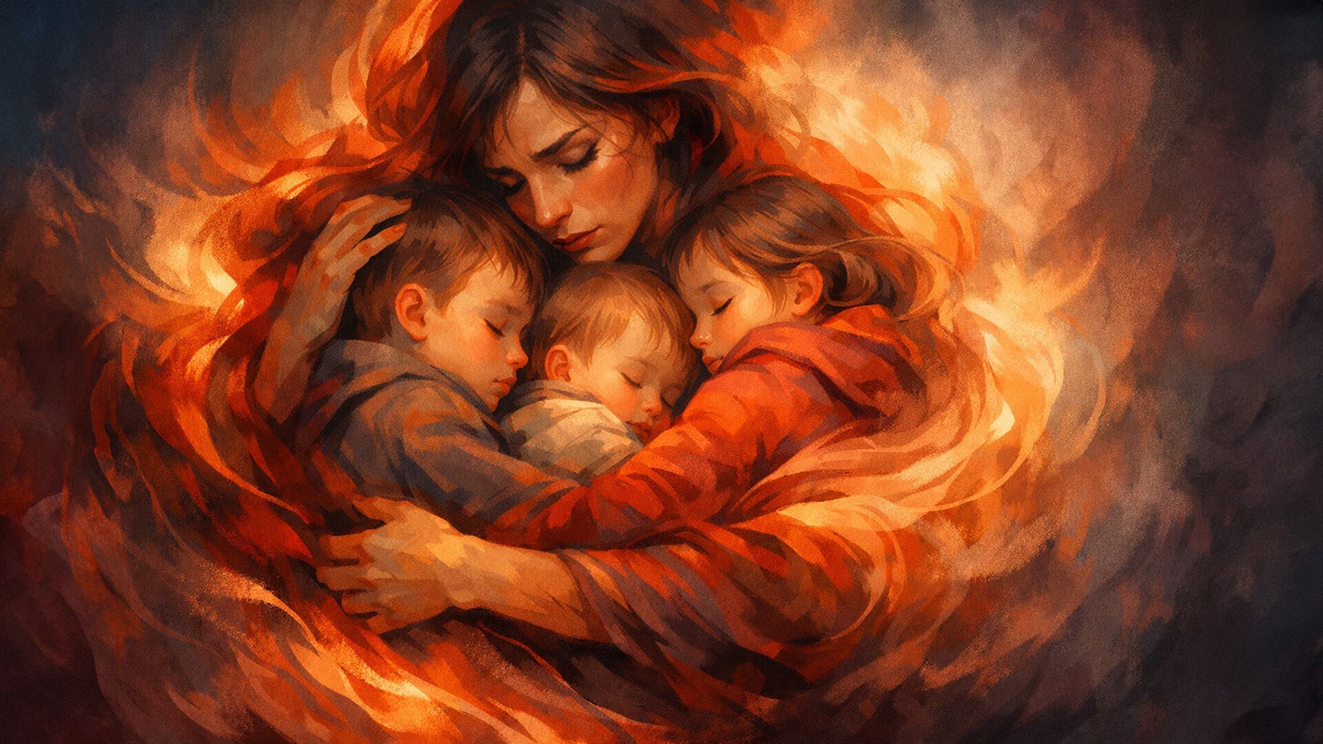 Мать обнимает троих маленьких детей в огненном вихре